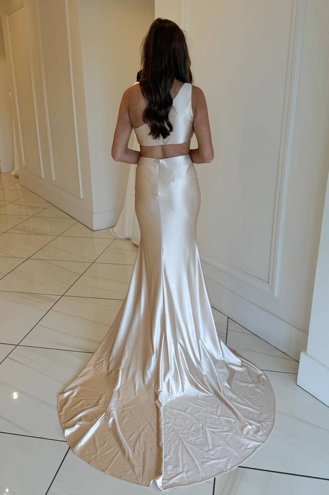 Champagne One-Shoulder Mermaid Satin Long Prom Dress