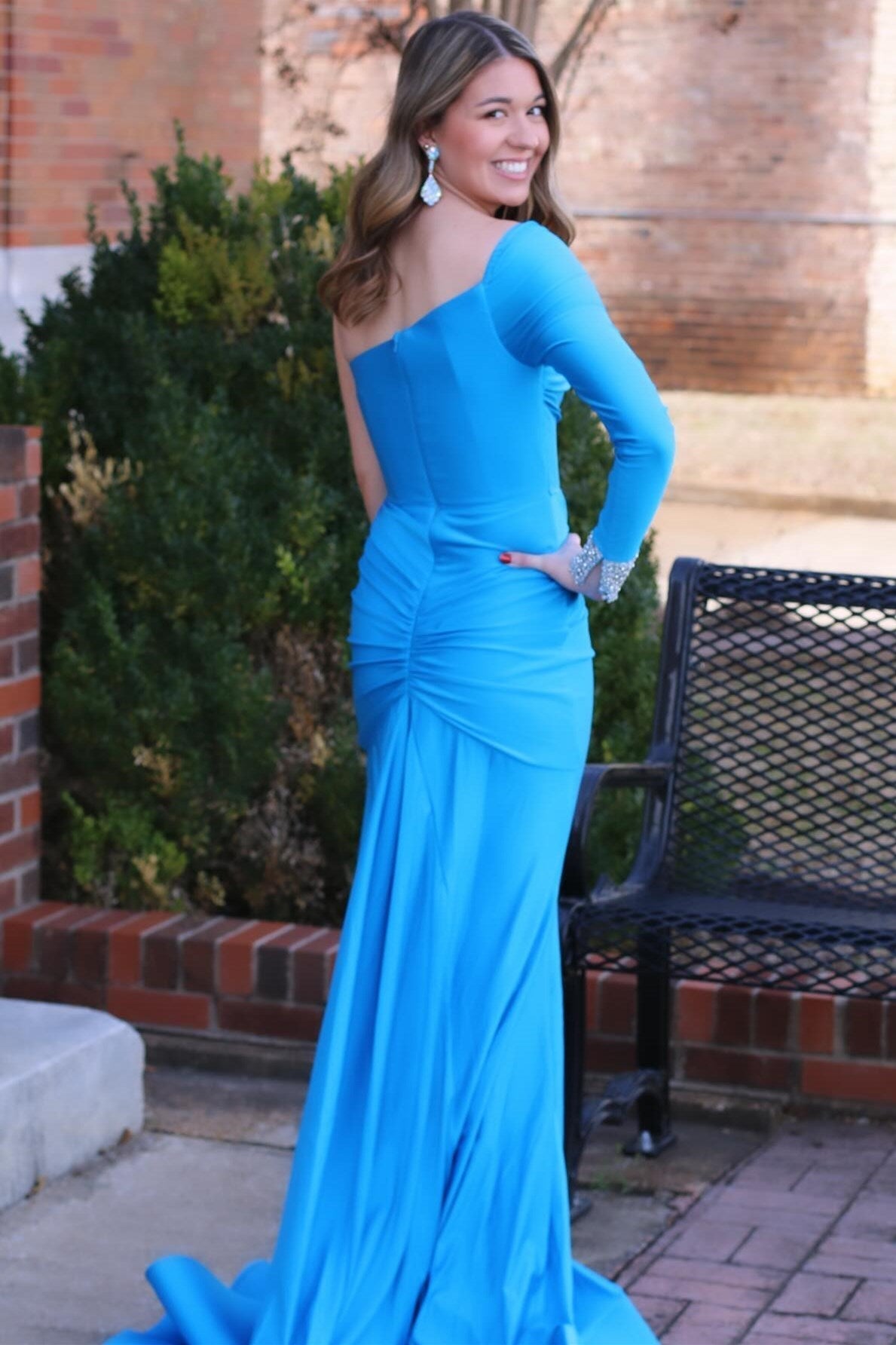Blue One-Sleeve Mermaid Long Gown with Slit