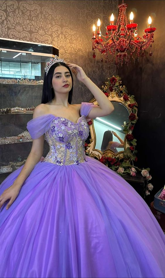 Ball Gown Organza Off-the-Shoulder Purple Quinceanera Dress