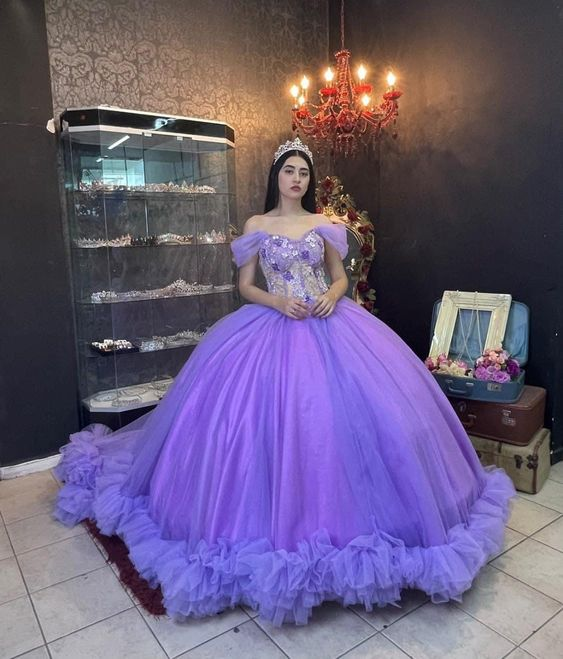 Ball Gown Organza Off-the-Shoulder Purple Quinceanera Dress