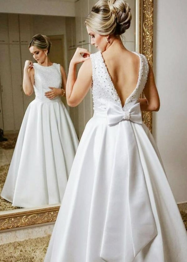 Chic Sleeveless Beaded A-line Satin Backless Bride Dresses Wedding Bow Ribbon Sash