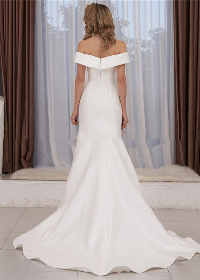 Chic Satin Off the Shoulder Sleeveless Sweep-Train Bridal Dress