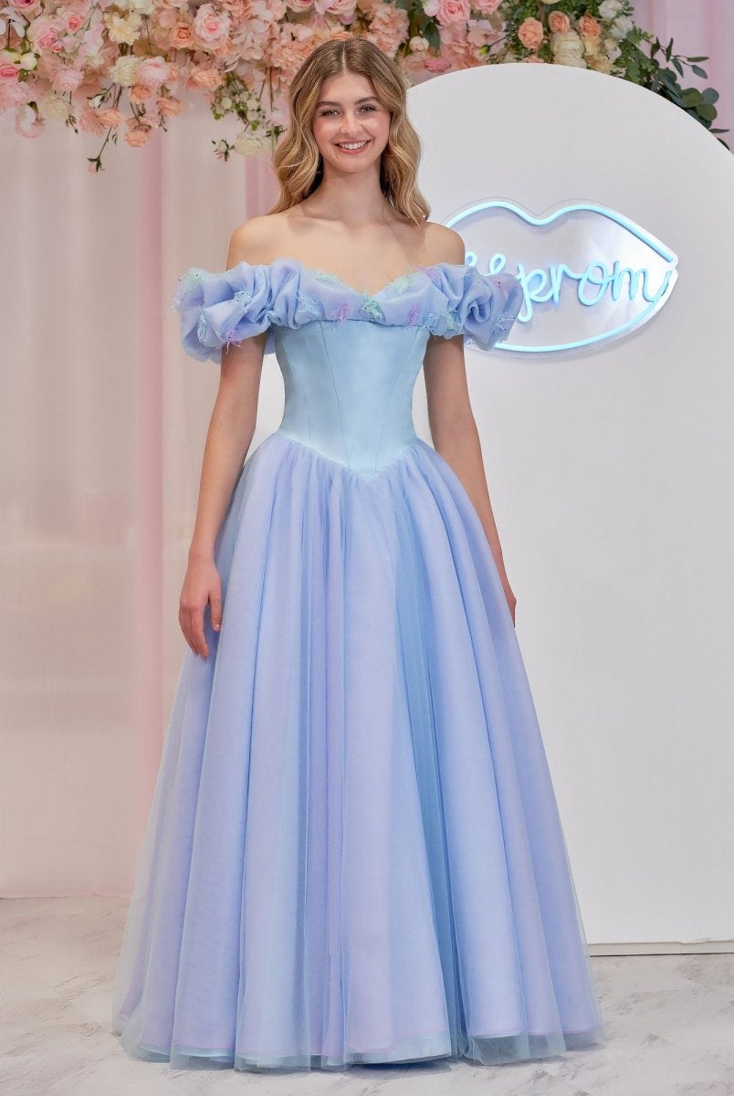 Isabel | Cinderella Blue Tulle Off the Shoulder With Crystals & Butterflies Ball Gown - KissProm