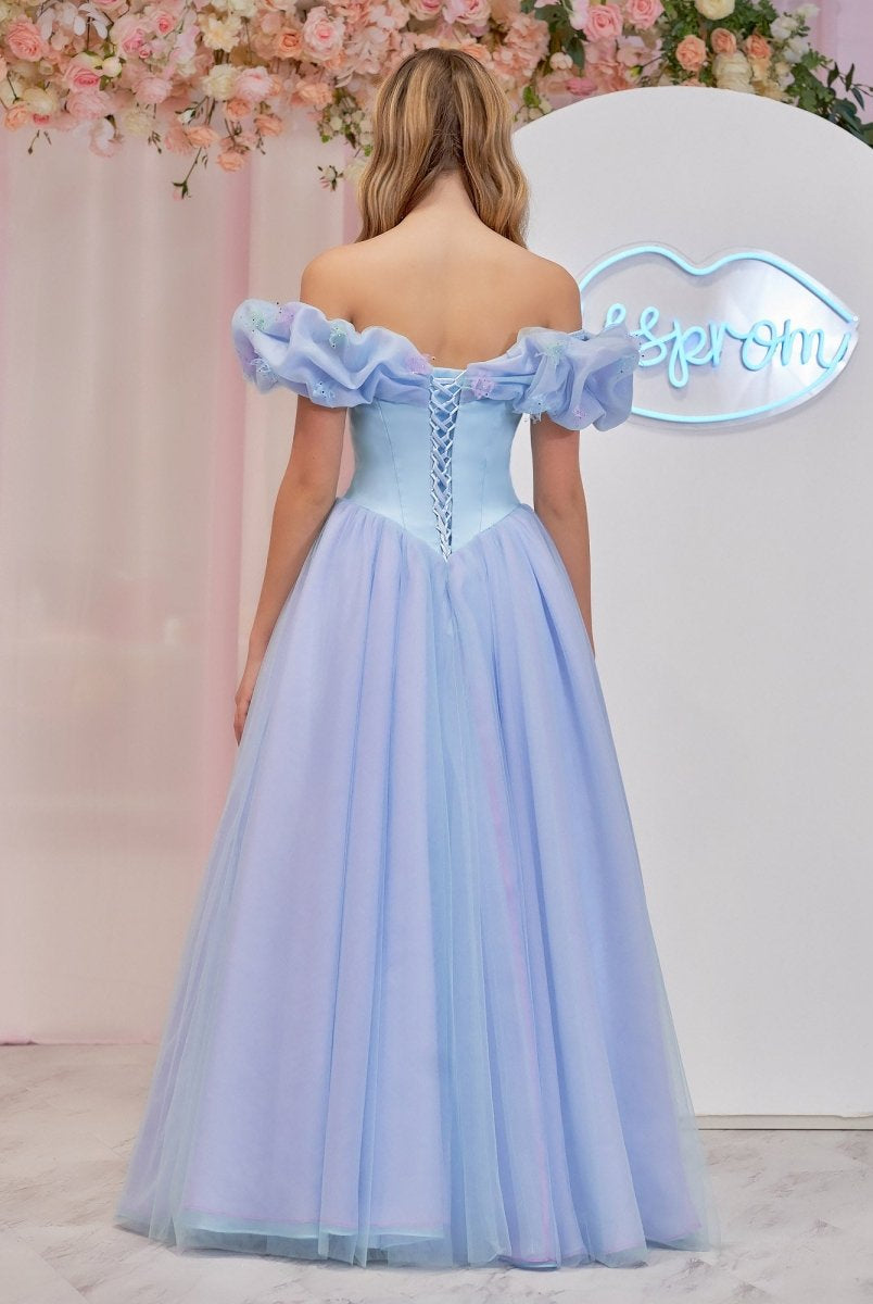 Isabel | Cinderella Blue Tulle Off the Shoulder With Crystals & Butterflies Ball Gown - KissProm