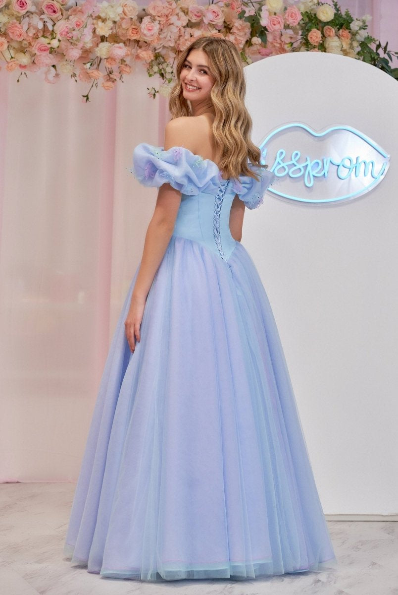 Isabel | Cinderella Blue Tulle Off the Shoulder With Crystals & Butterflies Ball Gown - KissProm