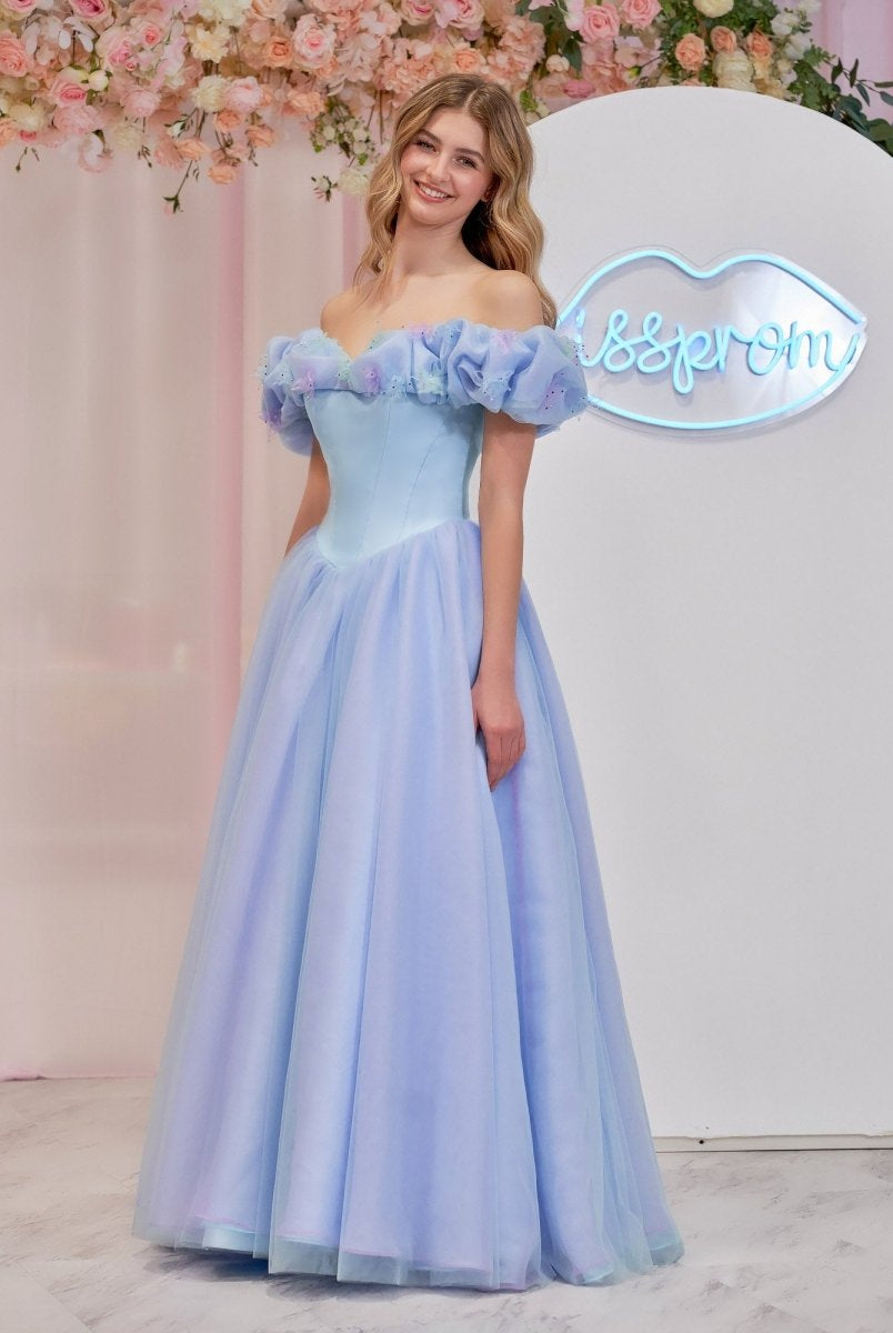 Isabel | Cinderella Blue Tulle Off the Shoulder With Crystals & Butterflies Ball Gown - KissProm