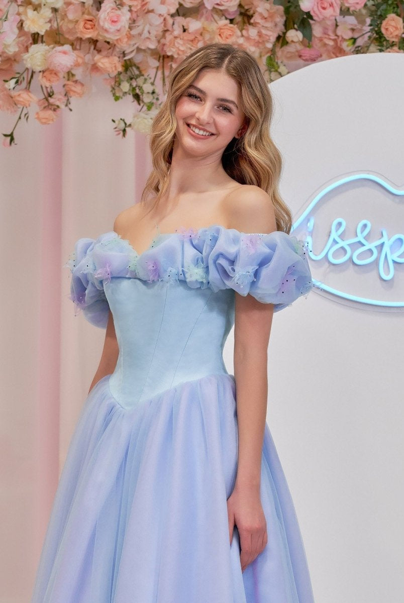Isabel | Cinderella Blue Tulle Off the Shoulder With Crystals & Butterflies Ball Gown - KissProm