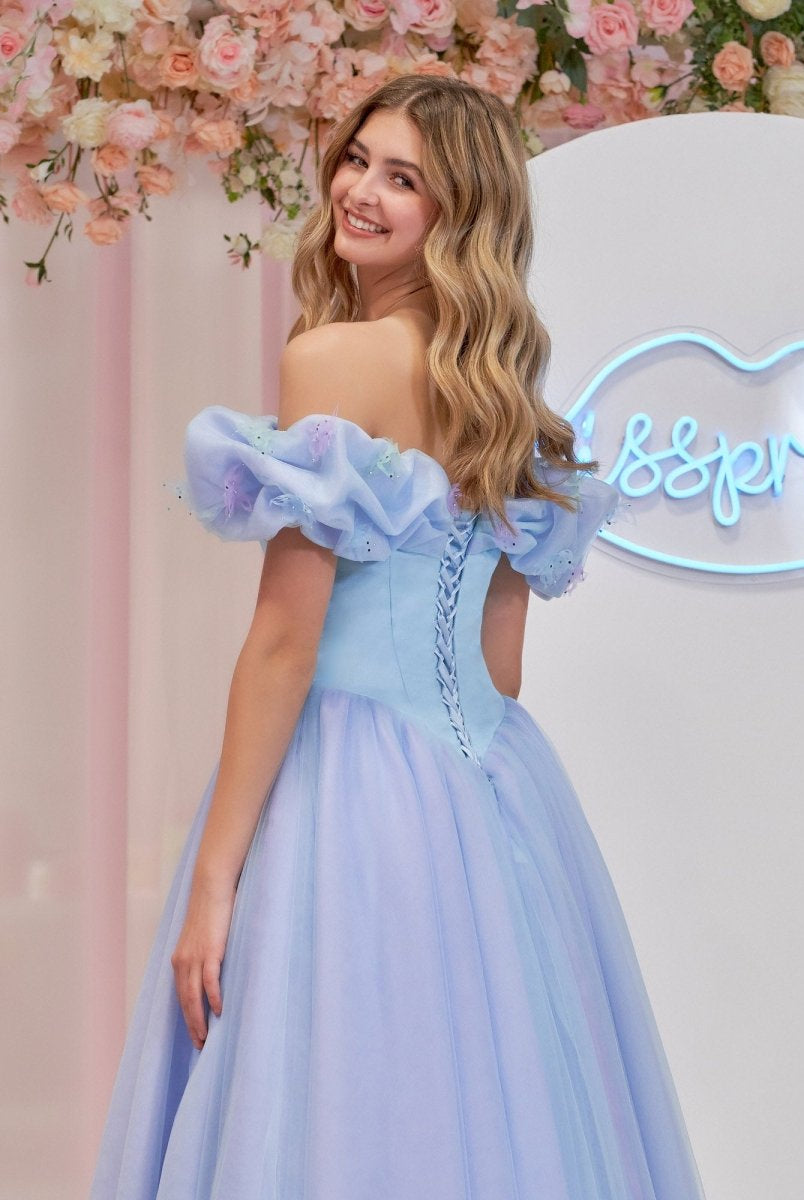 Isabel | Cinderella Blue Tulle Off the Shoulder With Crystals & Butterflies Ball Gown - KissProm