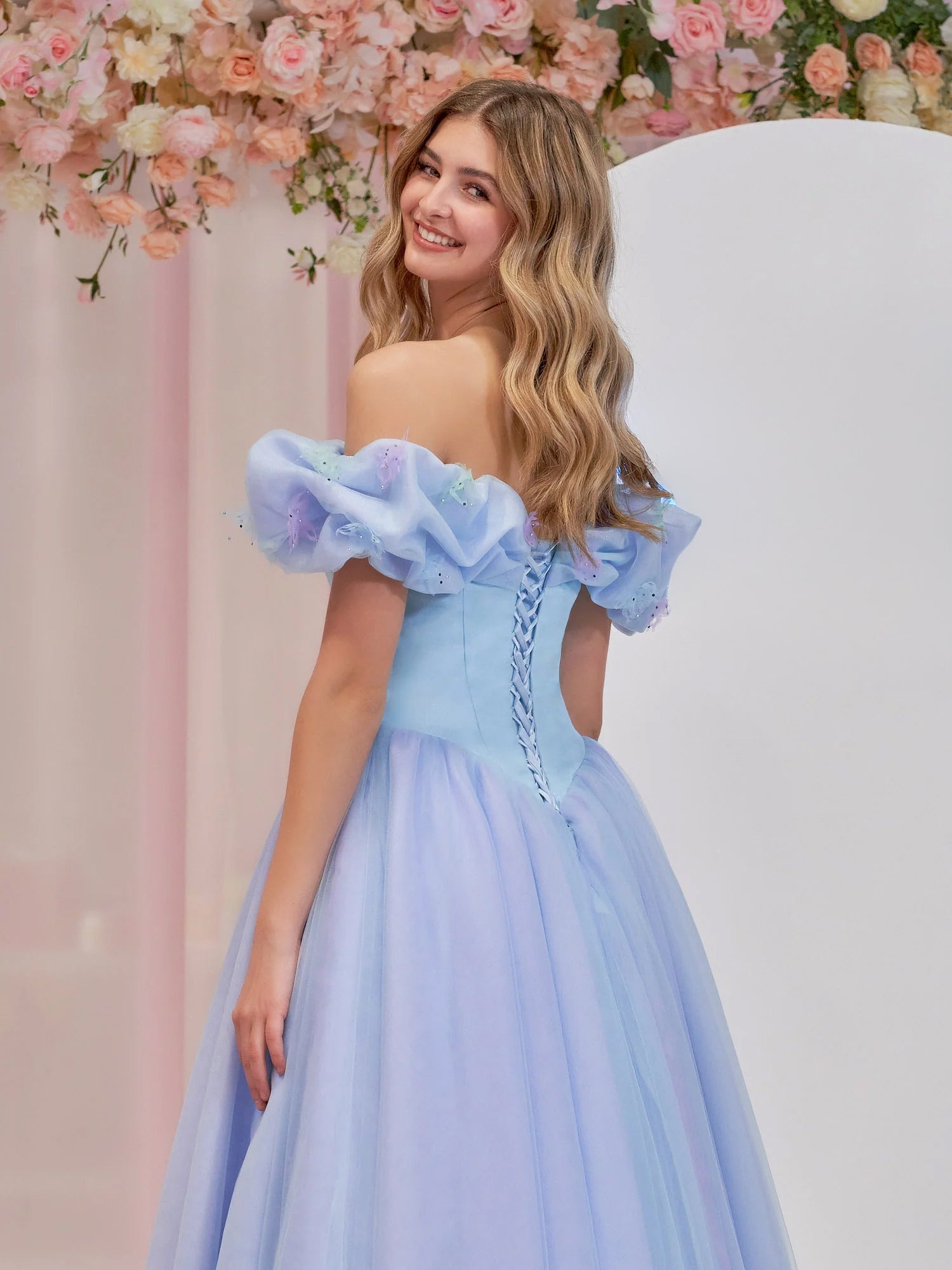 Cinderella Blue Tulle Off the Shoulder With Crystals & Butterflies Ball Gown
