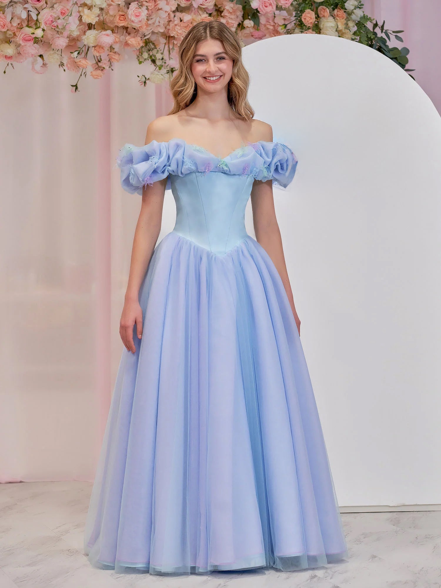 Cinderella Blue Tulle Off the Shoulder With Crystals & Butterflies Ball Gown