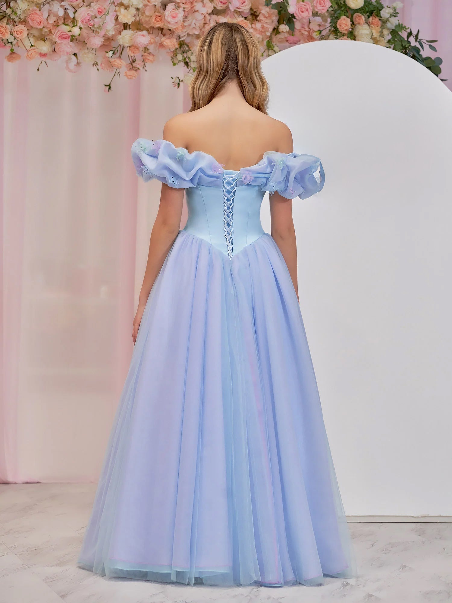 Cinderella Blue Tulle Off the Shoulder With Crystals & Butterflies Ball Gown