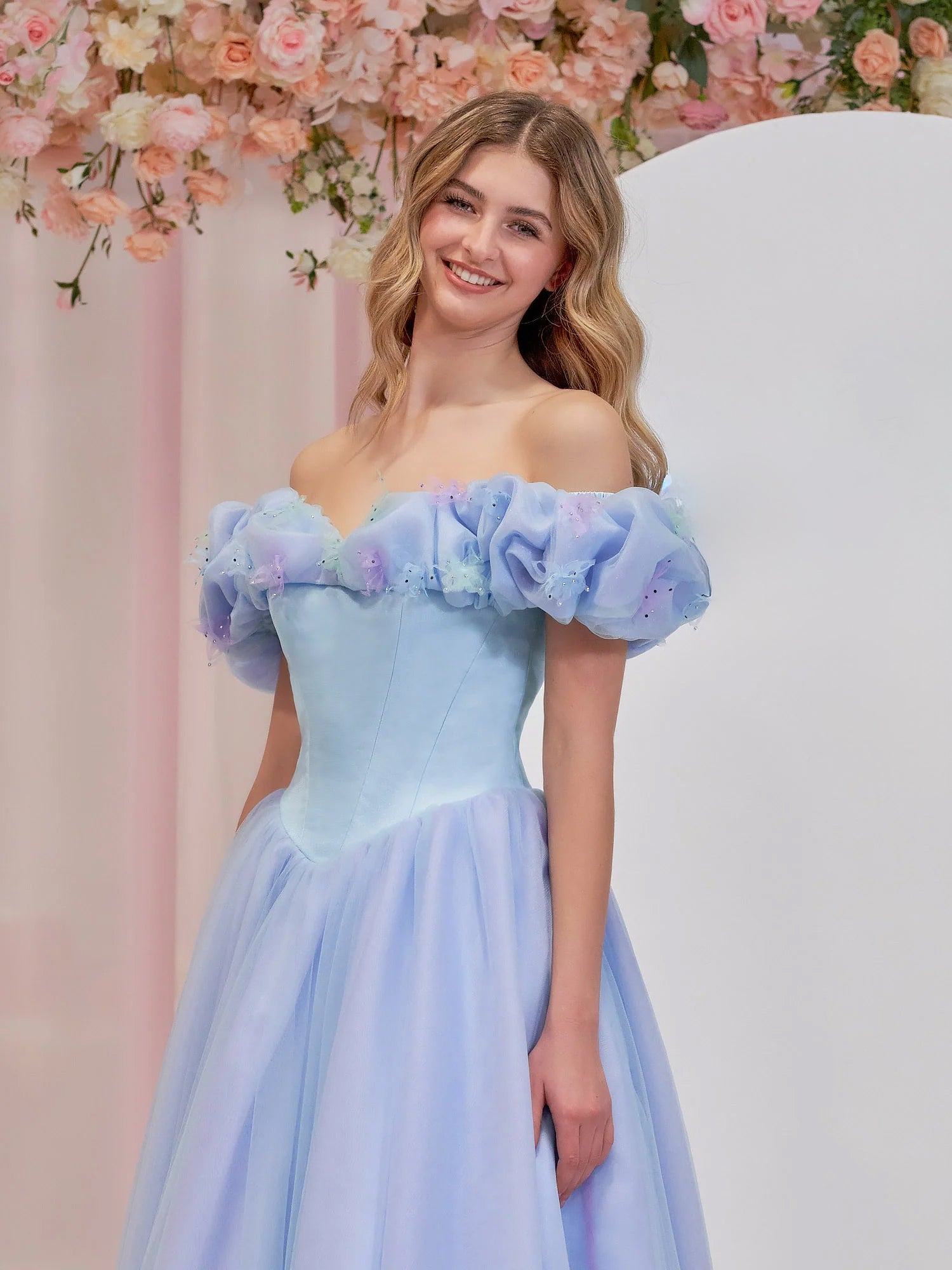 Cinderella Blue Tulle Off the Shoulder With Crystals & Butterflies Ball Gown