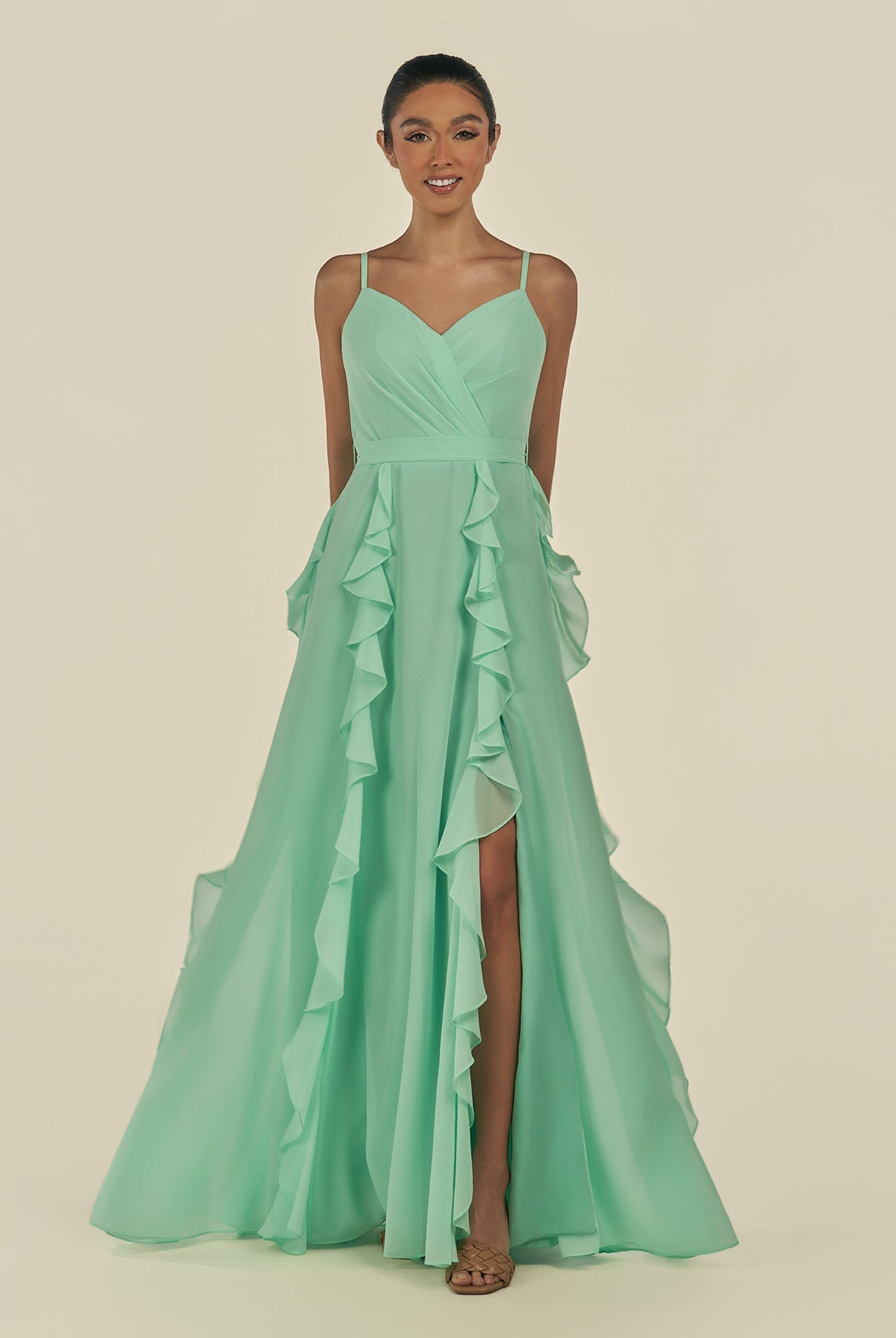 KissDress-Cirelle Pale Pistachio A Line Chiffon V Neck Ruffled Long Bridesmaid Dress with Slit
