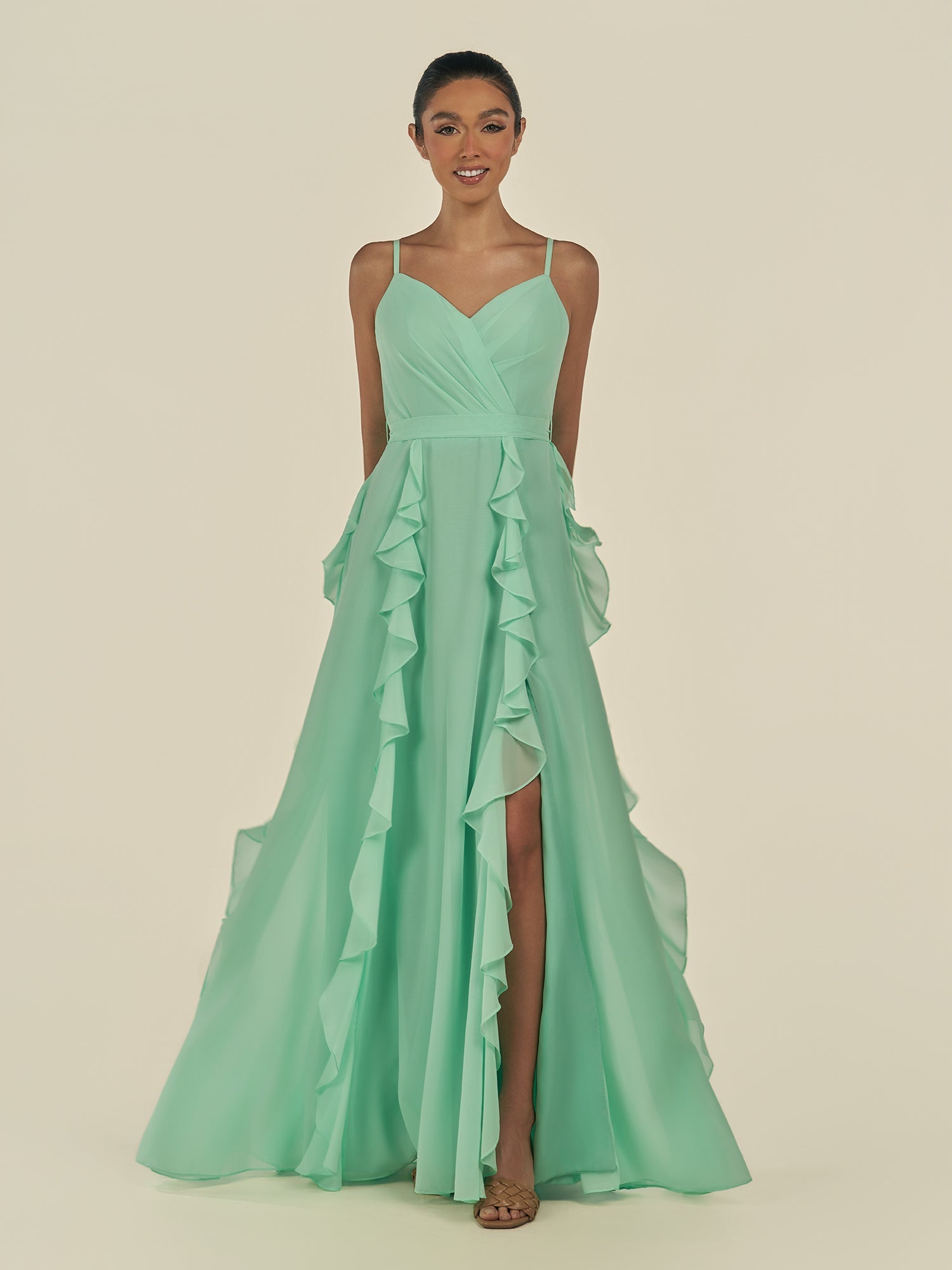 KissDress-Cirelle Pale Pistachio A Line Chiffon V Neck Ruffled Long Bridesmaid Dress with Slit