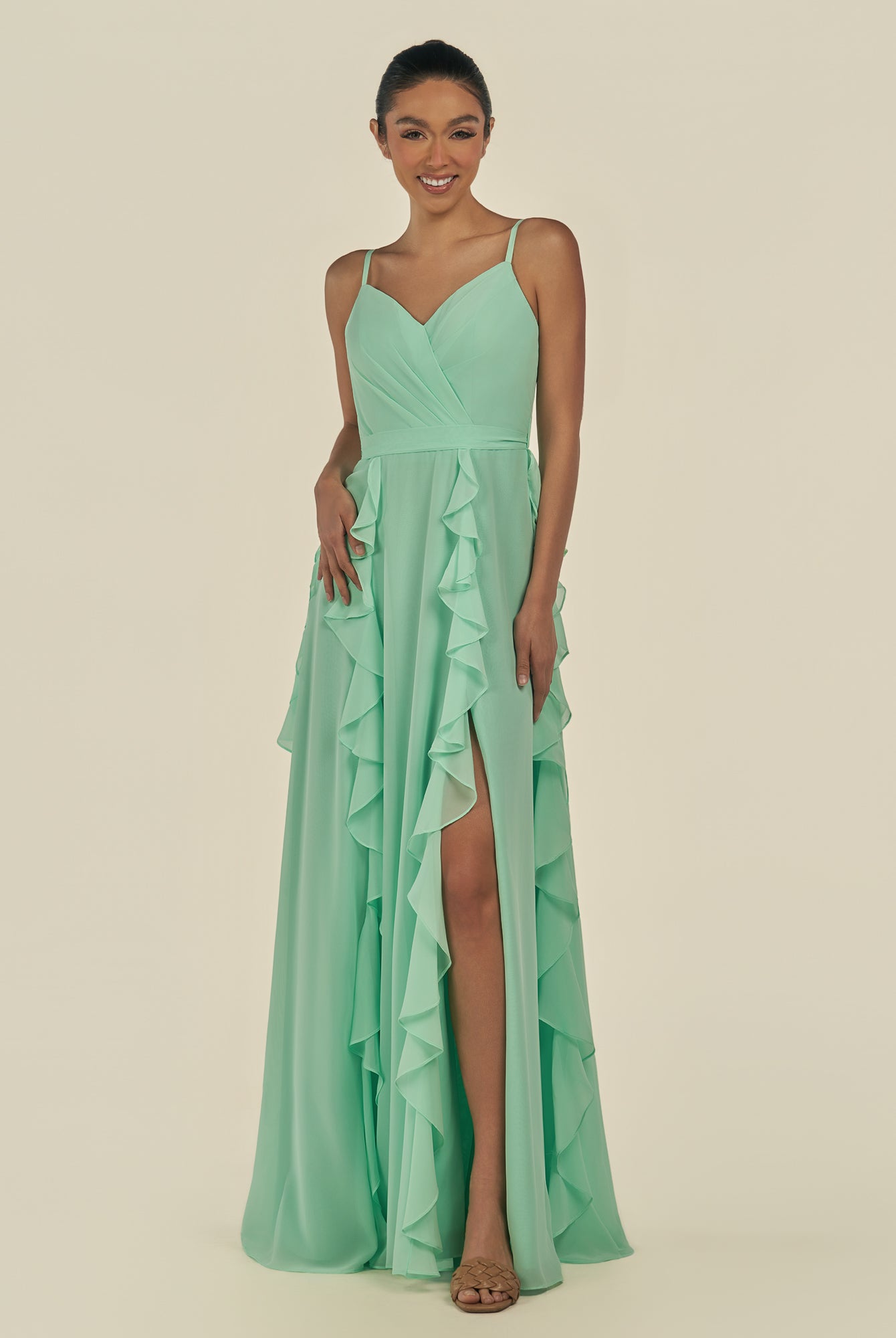 KissDress-Cirelle Pale Pistachio A Line Chiffon V Neck Ruffled Long Bridesmaid Dress with Slit