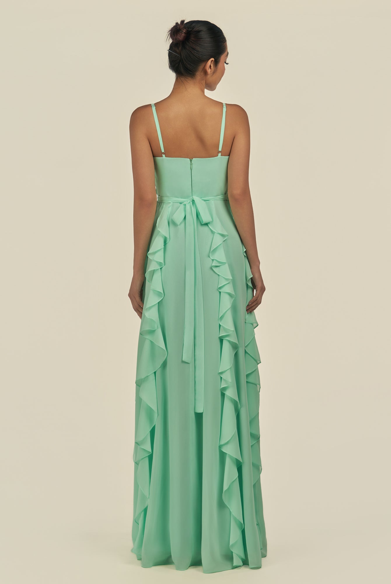 KissDress-Cirelle Pale Pistachio A Line Chiffon V Neck Ruffled Long Bridesmaid Dress with Slit