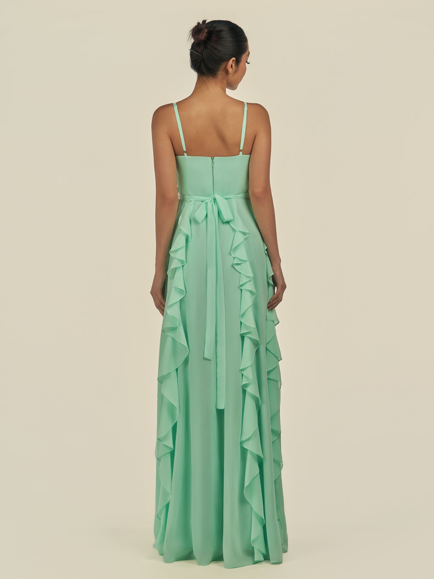 KissDress-Cirelle Pale Pistachio A Line Chiffon V Neck Ruffled Long Bridesmaid Dress with Slit