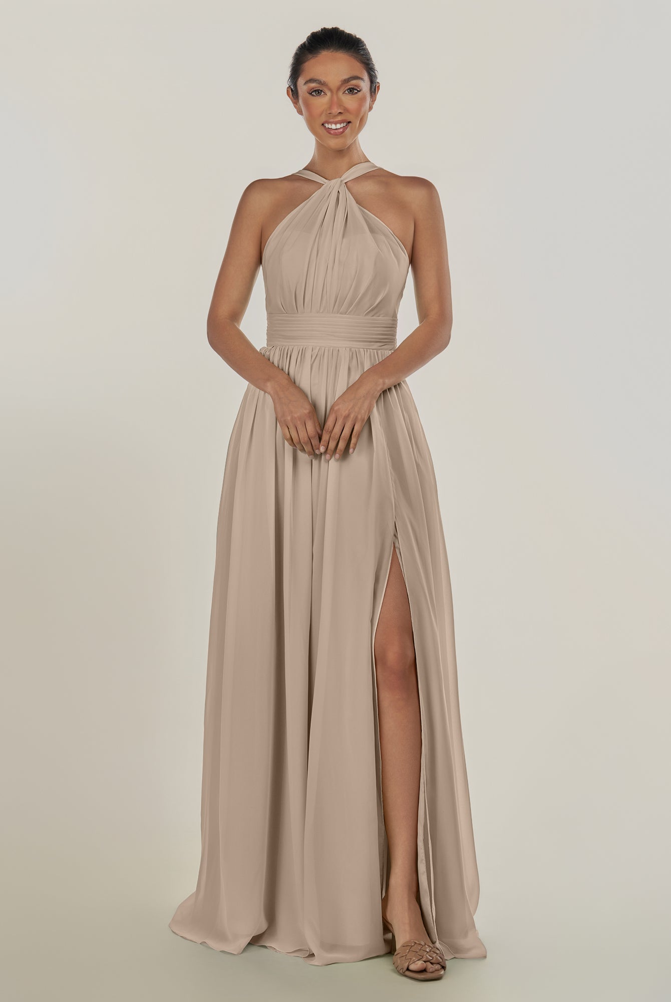 KissDress-Ciri Almond A Line Chiffon Halter Neck Pleated Long Bridesmaid Dress with Slit