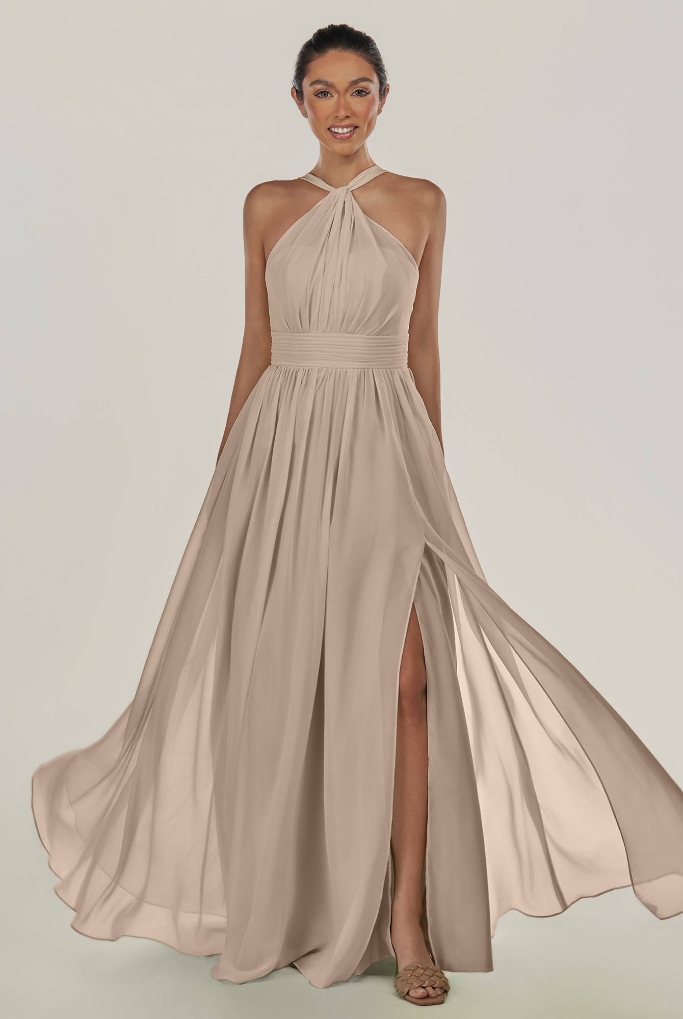 KissDress-Ciri Almond A Line Chiffon Halter Neck Pleated Long Bridesmaid Dress with Slit