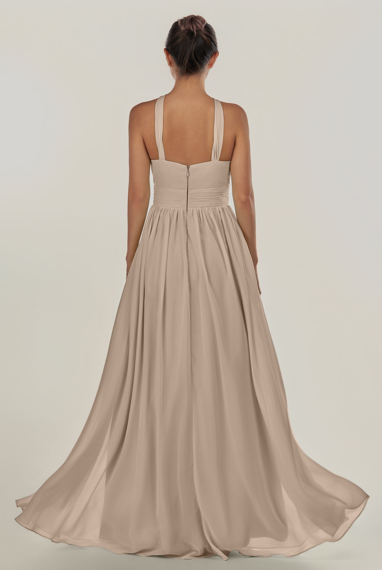 KissDress-Ciri Almond A Line Chiffon Halter Neck Pleated Long Bridesmaid Dress with Slit