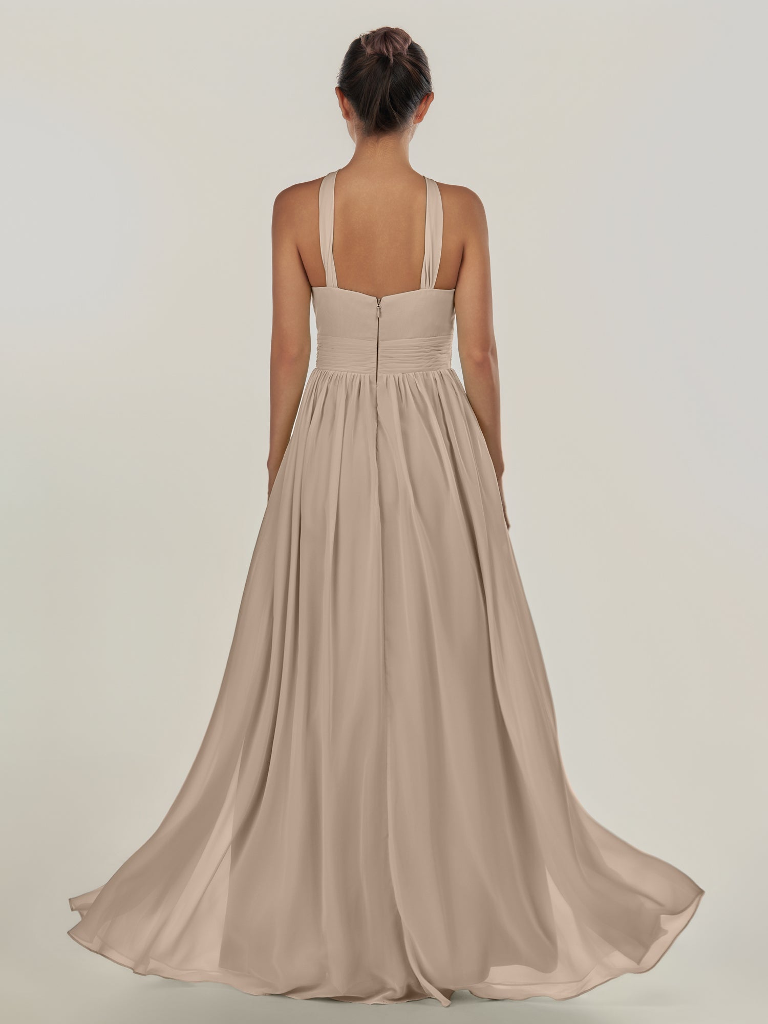 KissDress-Ciri Almond A Line Chiffon Halter Neck Pleated Long Bridesmaid Dress with Slit