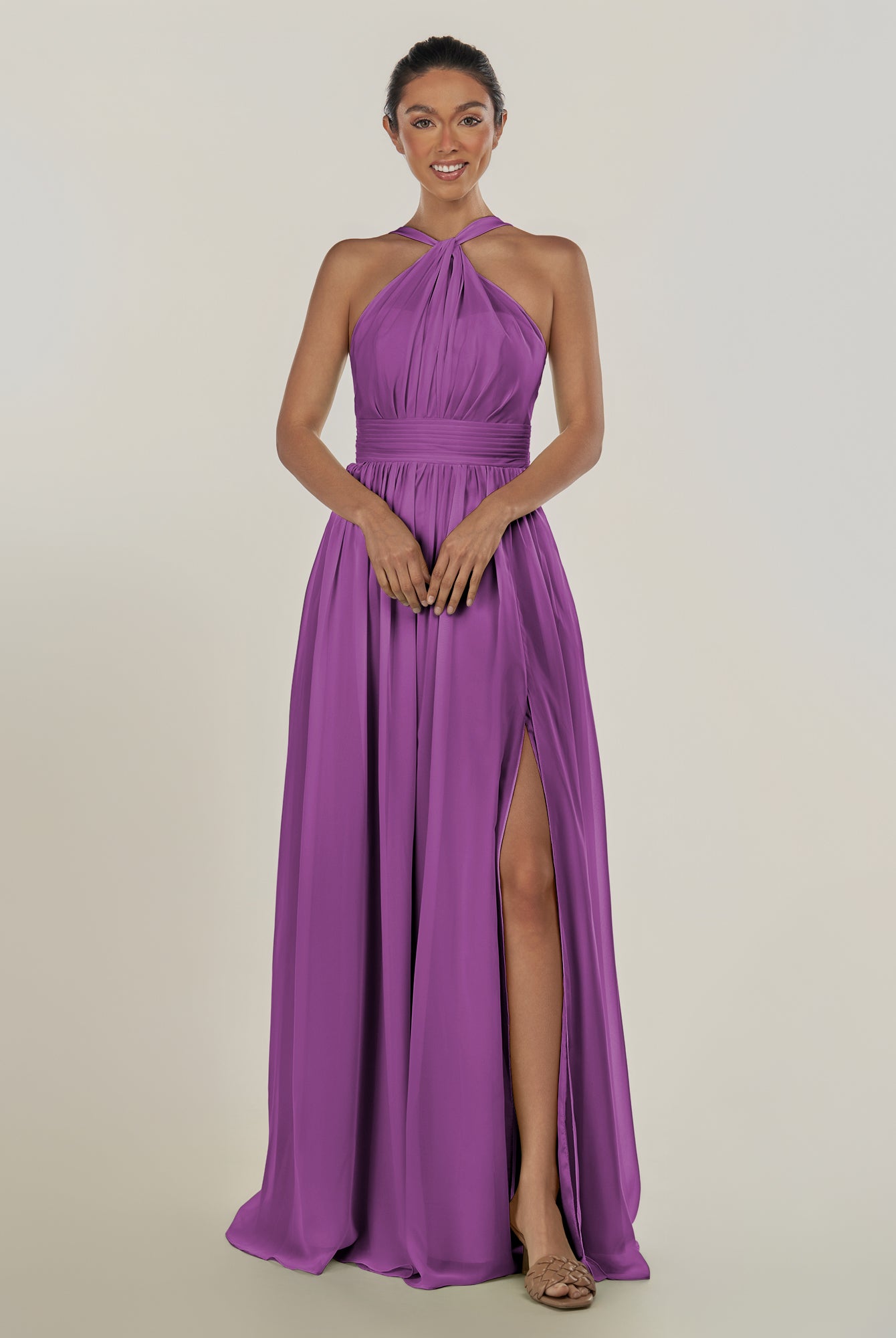 KissDress-Ciri Amethyst A Line Chiffon Halter Neck Pleated Long Bridesmaid Dress with Slit