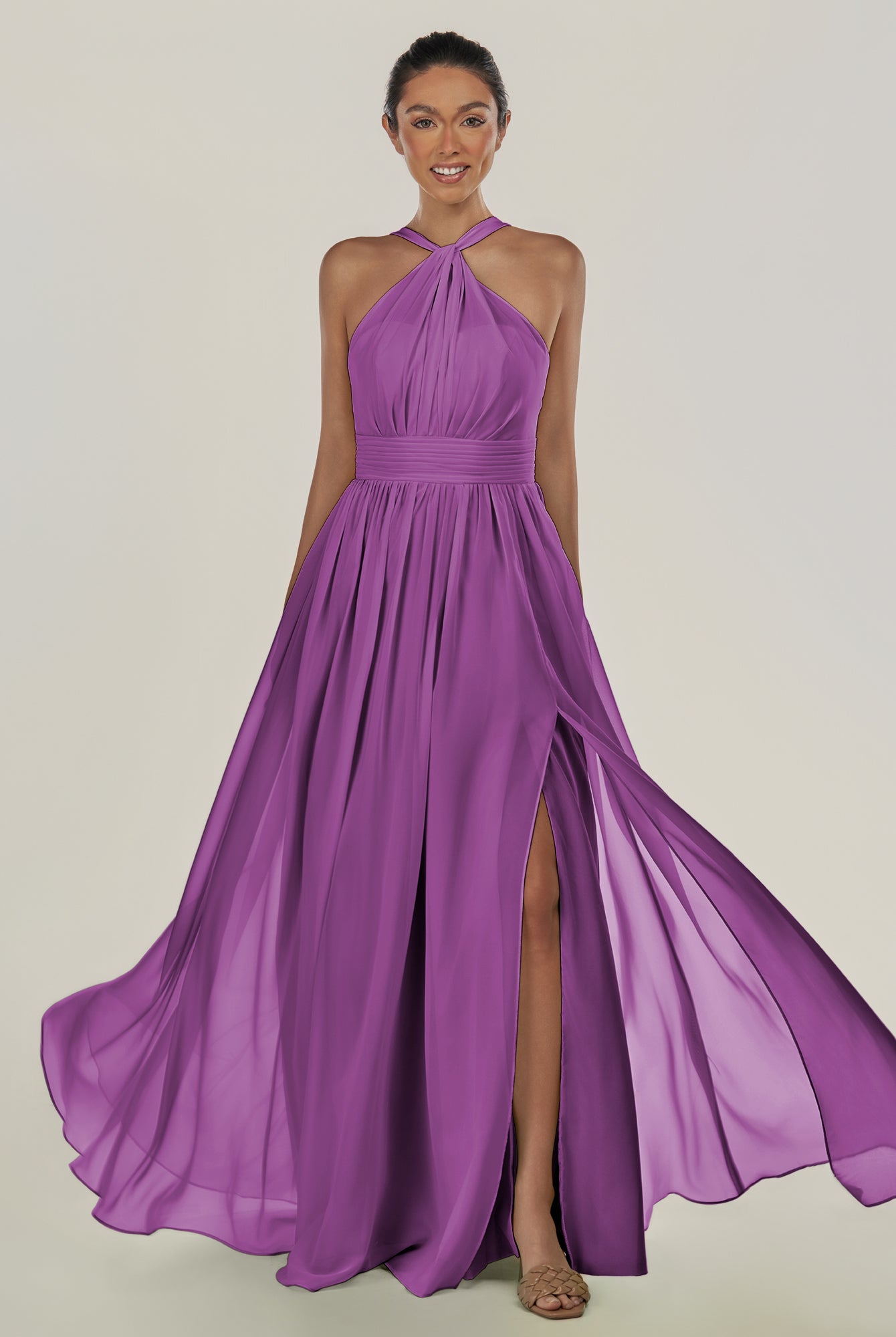 KissDress-Ciri Amethyst A Line Chiffon Halter Neck Pleated Long Bridesmaid Dress with Slit