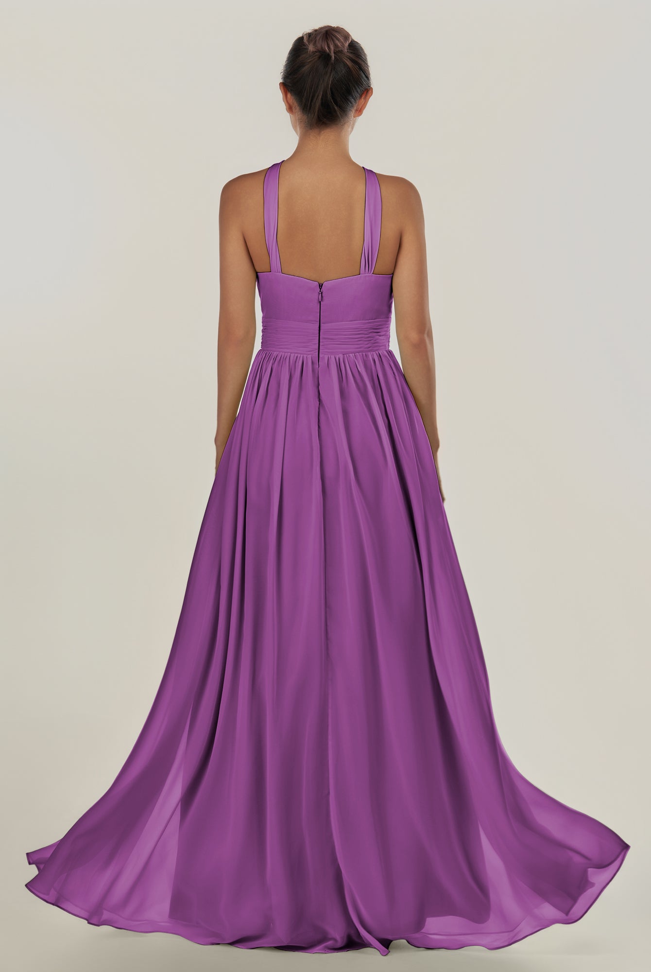KissDress-Ciri Amethyst A Line Chiffon Halter Neck Pleated Long Bridesmaid Dress with Slit