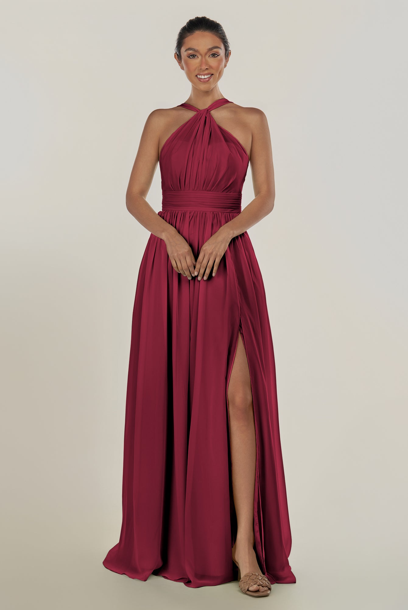 KissDress-Ciri Berry A Line Chiffon Halter Neck Pleated Long Bridesmaid Dress with Slit