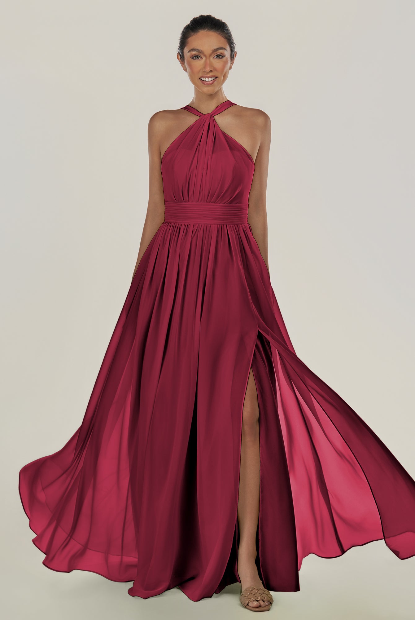 KissDress-Ciri Berry A Line Chiffon Halter Neck Pleated Long Bridesmaid Dress with Slit