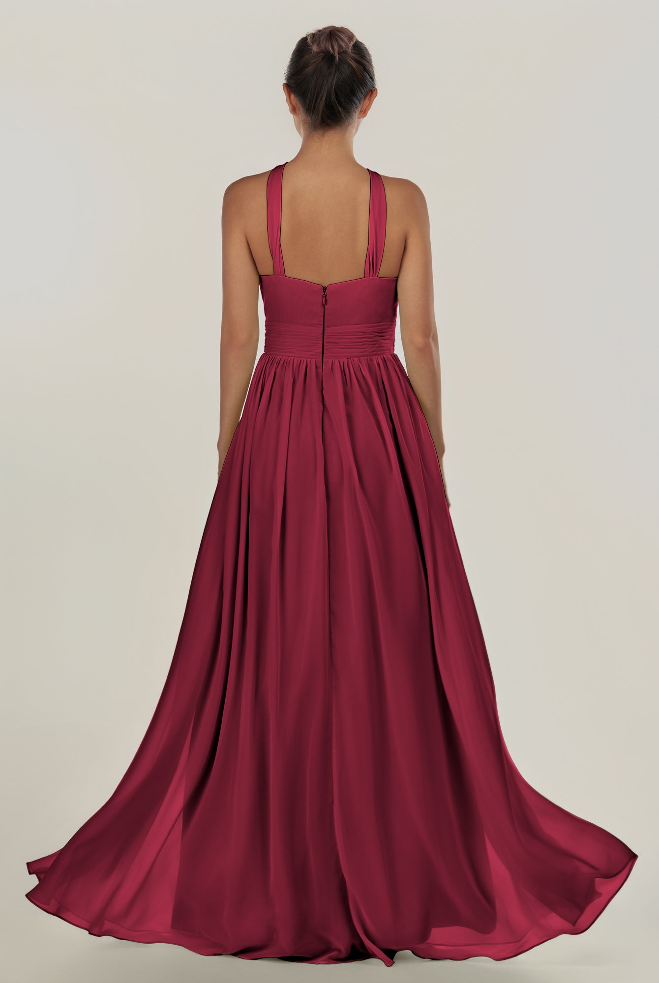 KissDress-Ciri Berry A Line Chiffon Halter Neck Pleated Long Bridesmaid Dress with Slit