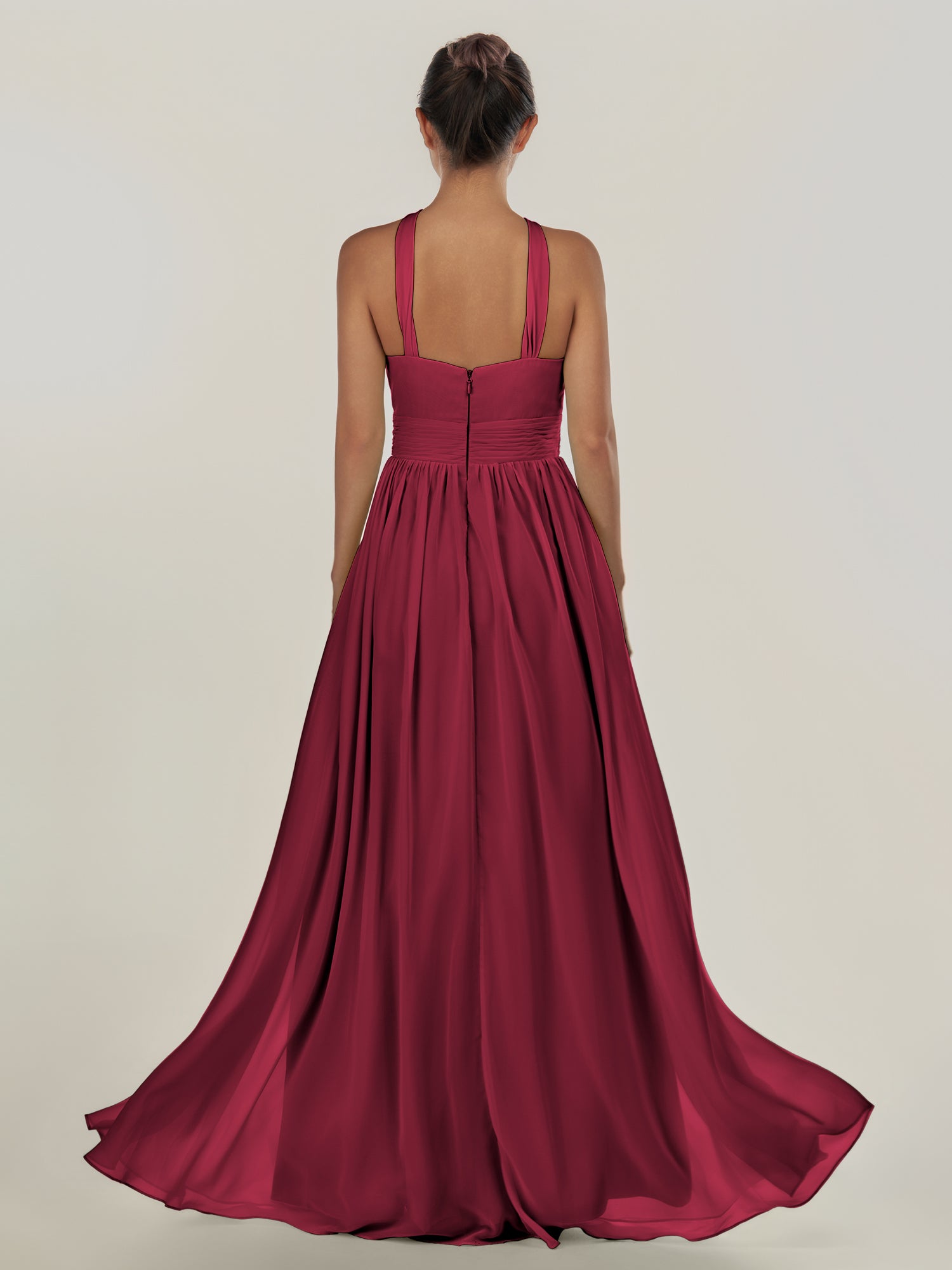 KissDress-Ciri Berry A Line Chiffon Halter Neck Pleated Long Bridesmaid Dress with Slit