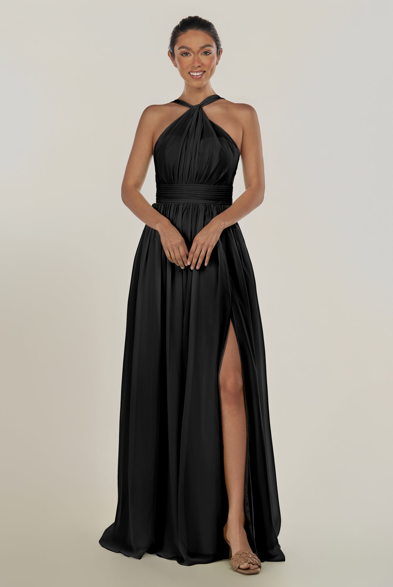 KissDress-Ciri Black A Line Chiffon Halter Neck Pleated Long Bridesmaid Dress with Slit