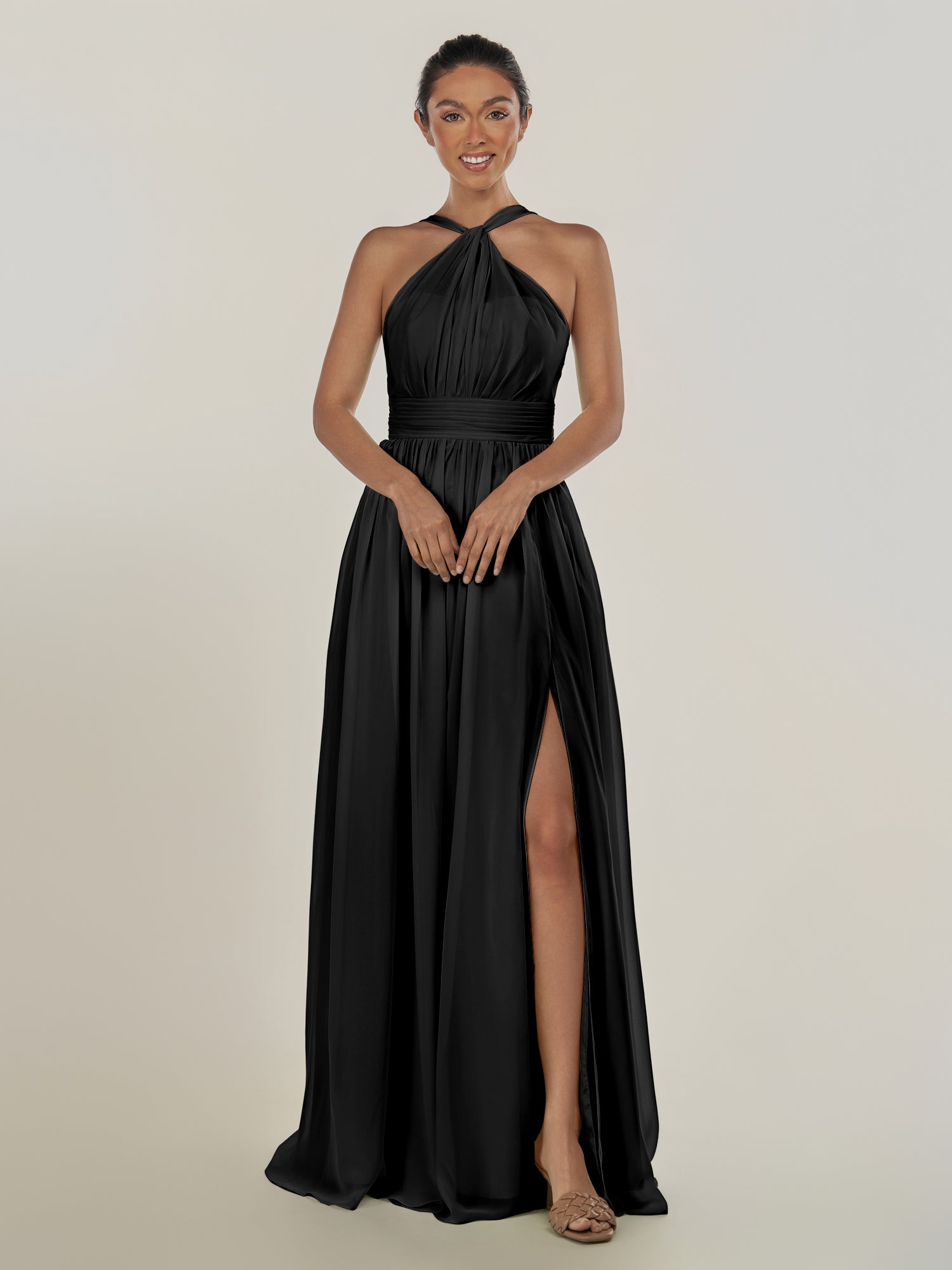 KissDress-Ciri Black A Line Chiffon Halter Neck Pleated Long Bridesmaid Dress with Slit