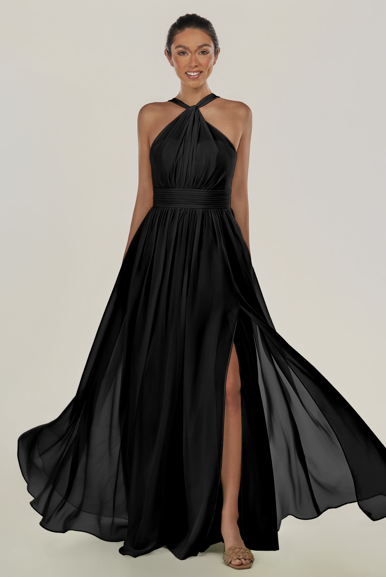 KissDress-Ciri Black A Line Chiffon Halter Neck Pleated Long Bridesmaid Dress with Slit