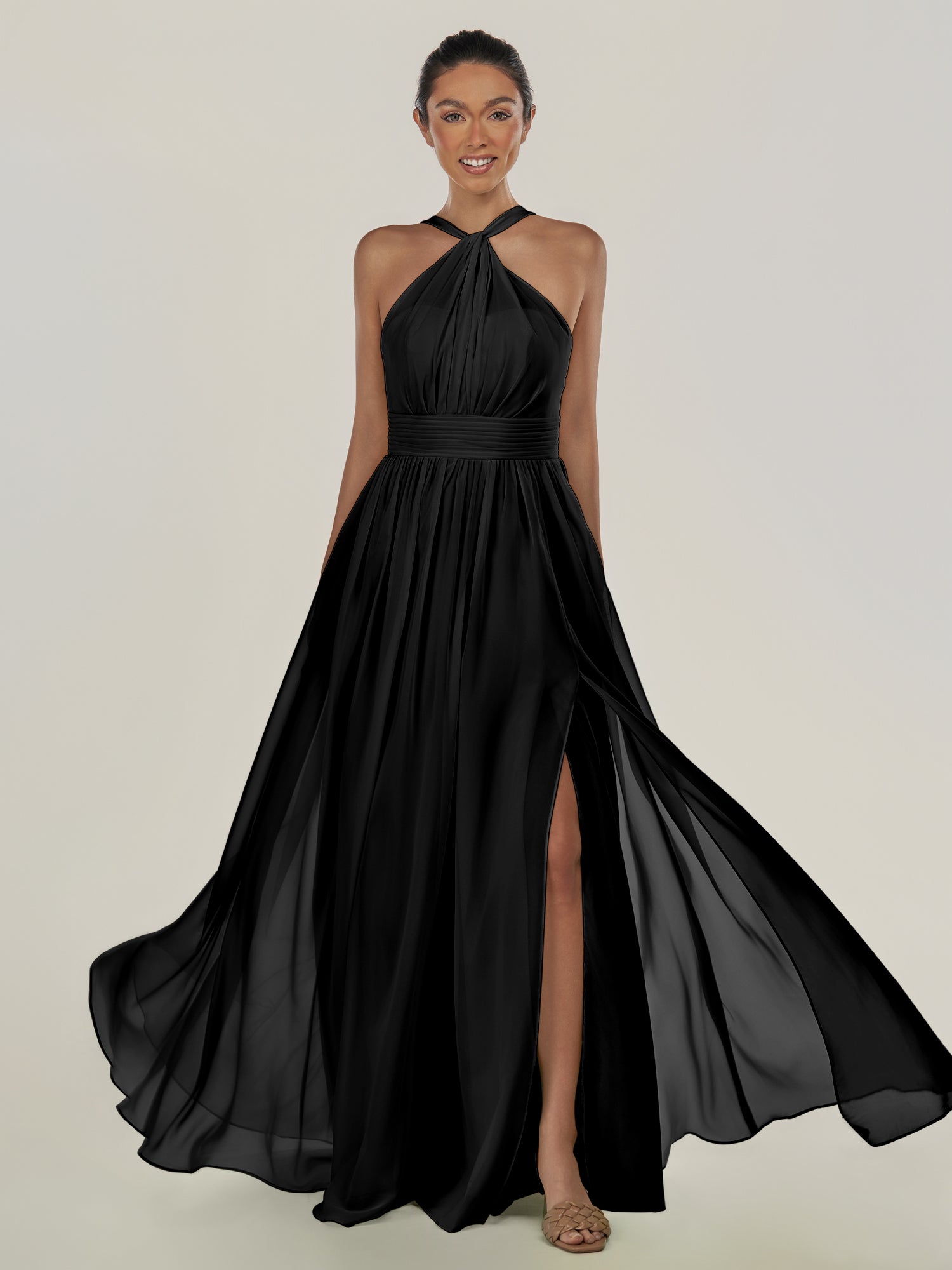KissDress-Ciri Black A Line Chiffon Halter Neck Pleated Long Bridesmaid Dress with Slit