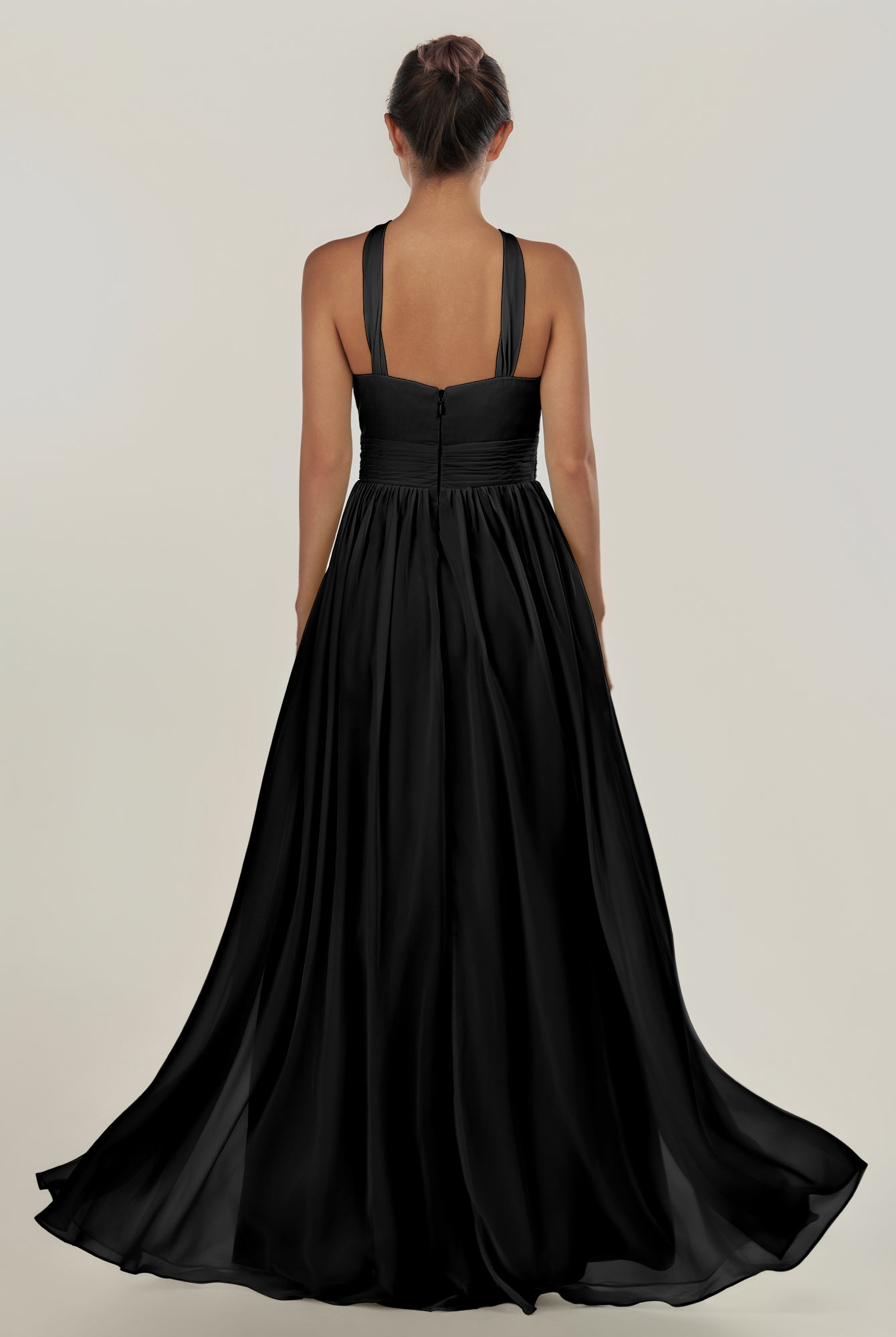 KissDress-Ciri Black A Line Chiffon Halter Neck Pleated Long Bridesmaid Dress with Slit