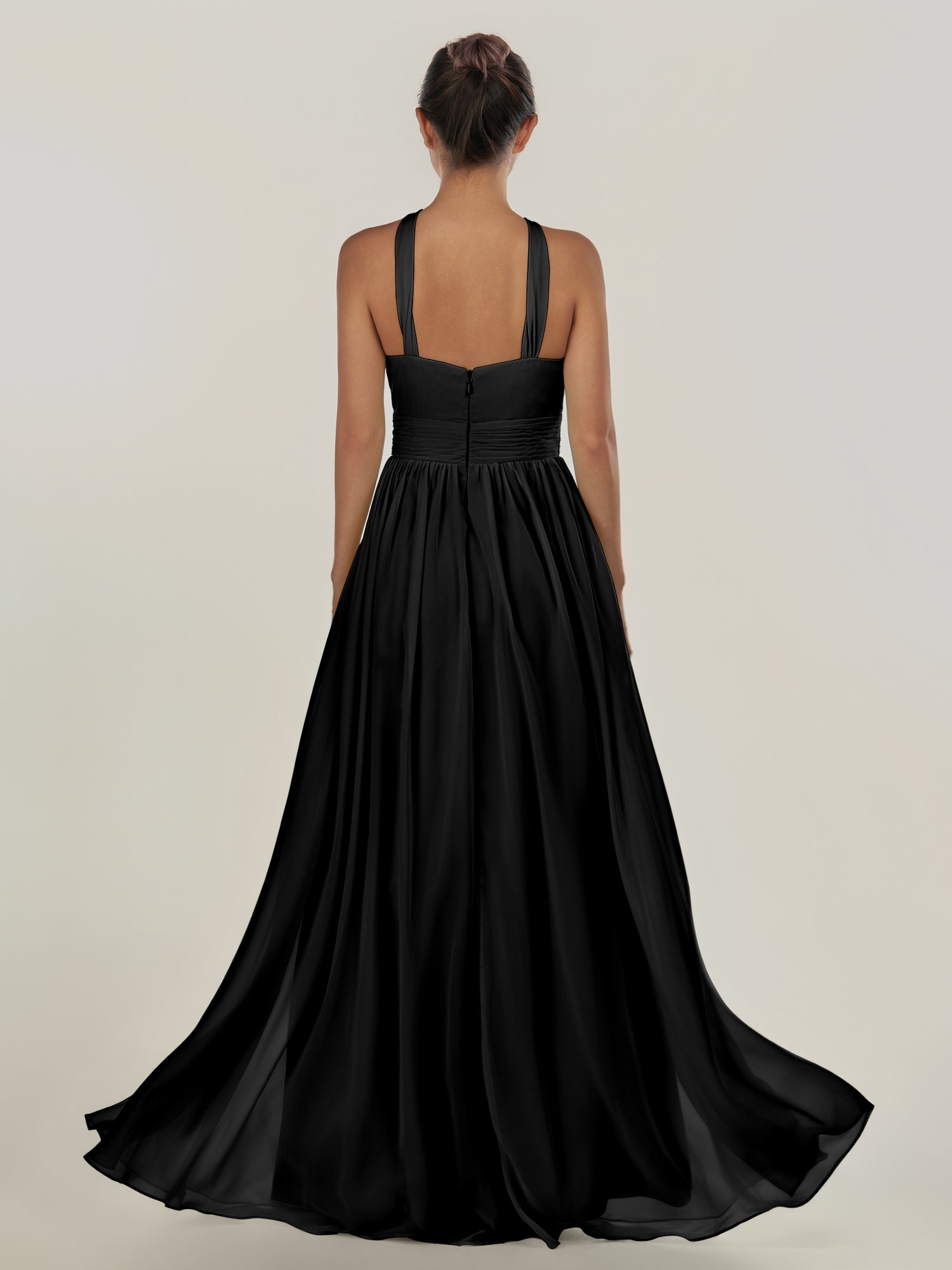 KissDress-Ciri Black A Line Chiffon Halter Neck Pleated Long Bridesmaid Dress with Slit