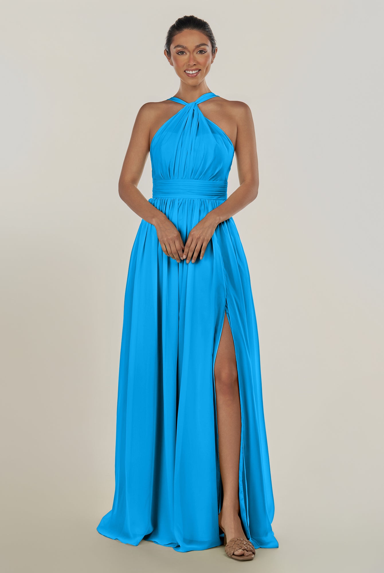 KissDress-Ciri Blue Jay A Line Chiffon Halter Neck Pleated Long Bridesmaid Dress with Slit