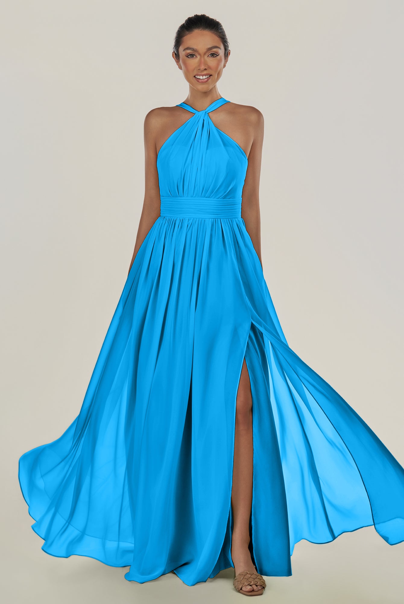 KissDress-Ciri Blue Jay A Line Chiffon Halter Neck Pleated Long Bridesmaid Dress with Slit