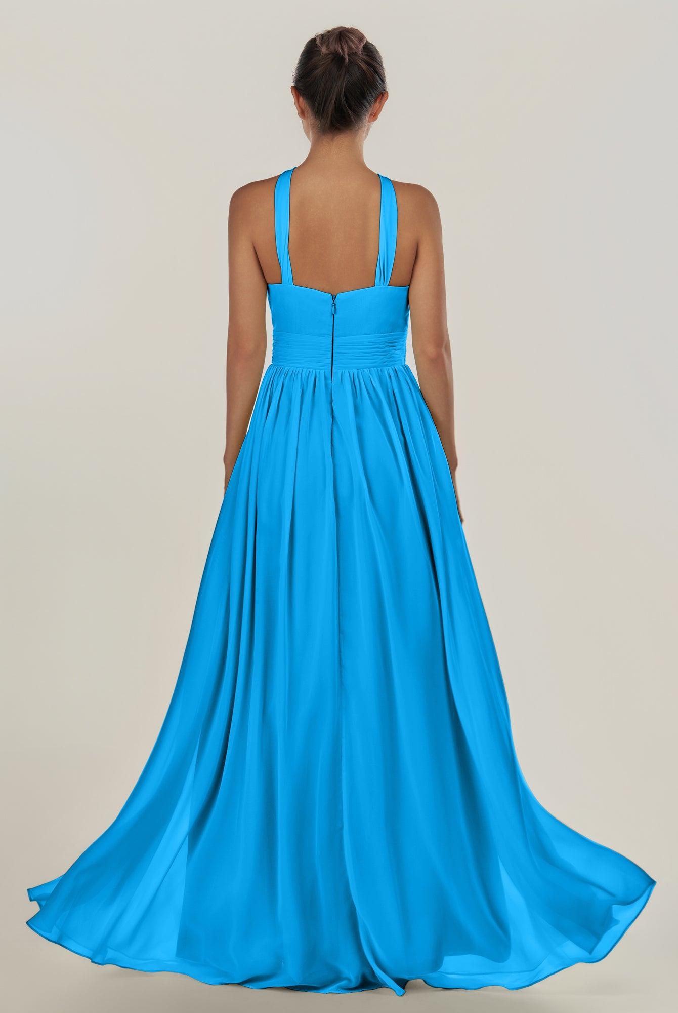 KissDress-Ciri Blue Jay A Line Chiffon Halter Neck Pleated Long Bridesmaid Dress with Slit