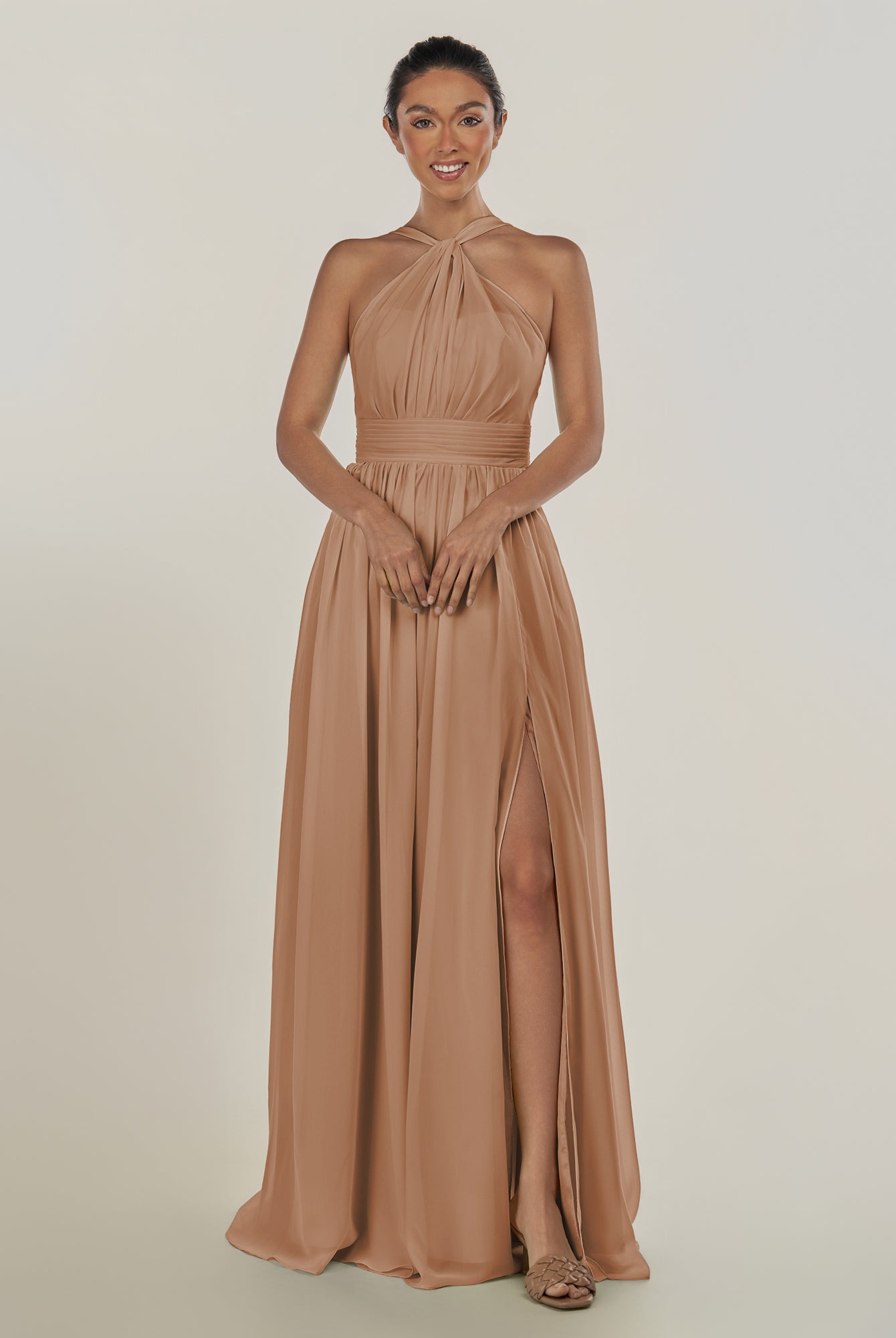 KissDress-Ciri Bronzer A Line Chiffon Halter Neck Pleated Long Bridesmaid Dress with Slit