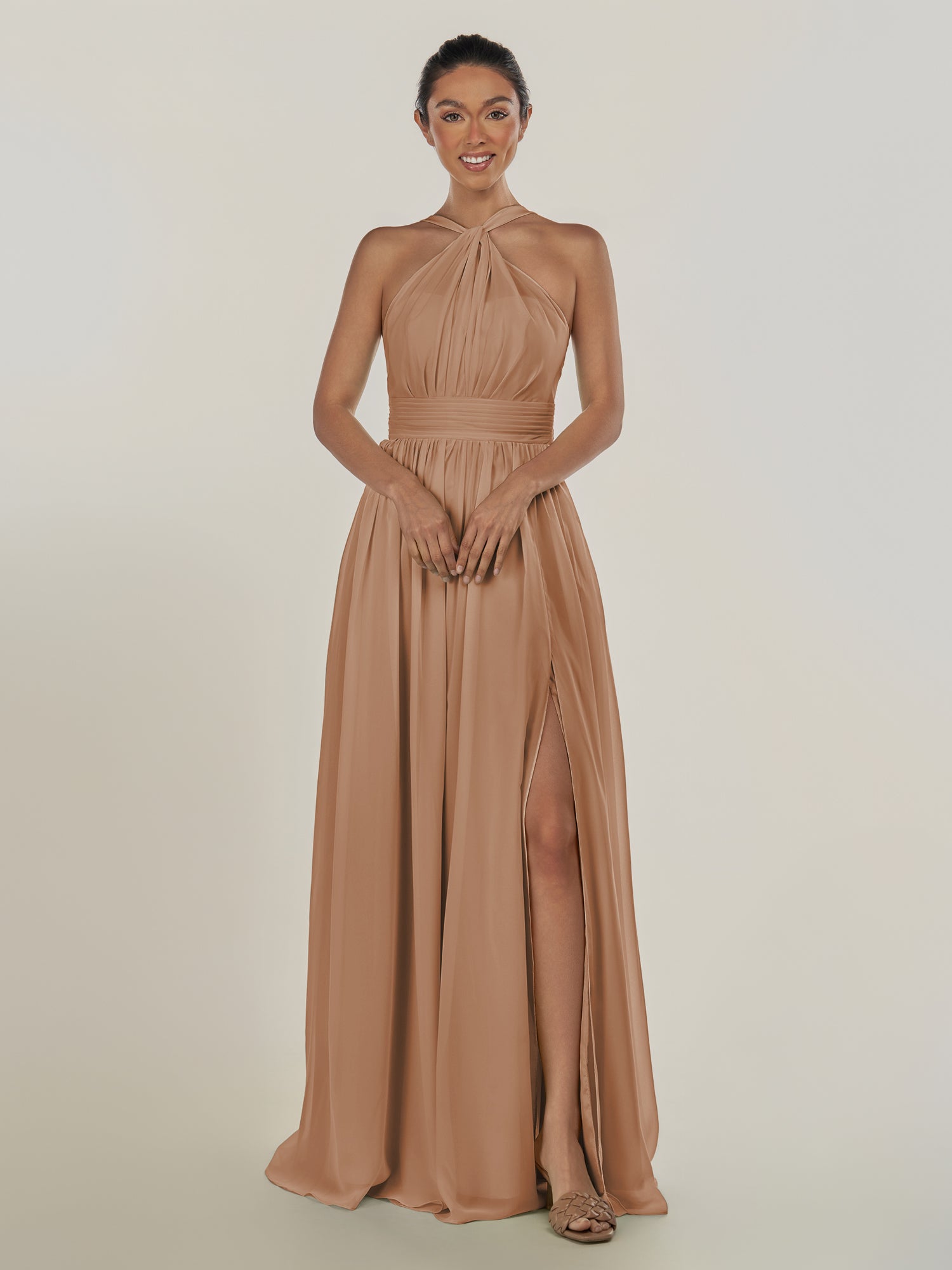 KissDress-Ciri Bronzer A Line Chiffon Halter Neck Pleated Long Bridesmaid Dress with Slit