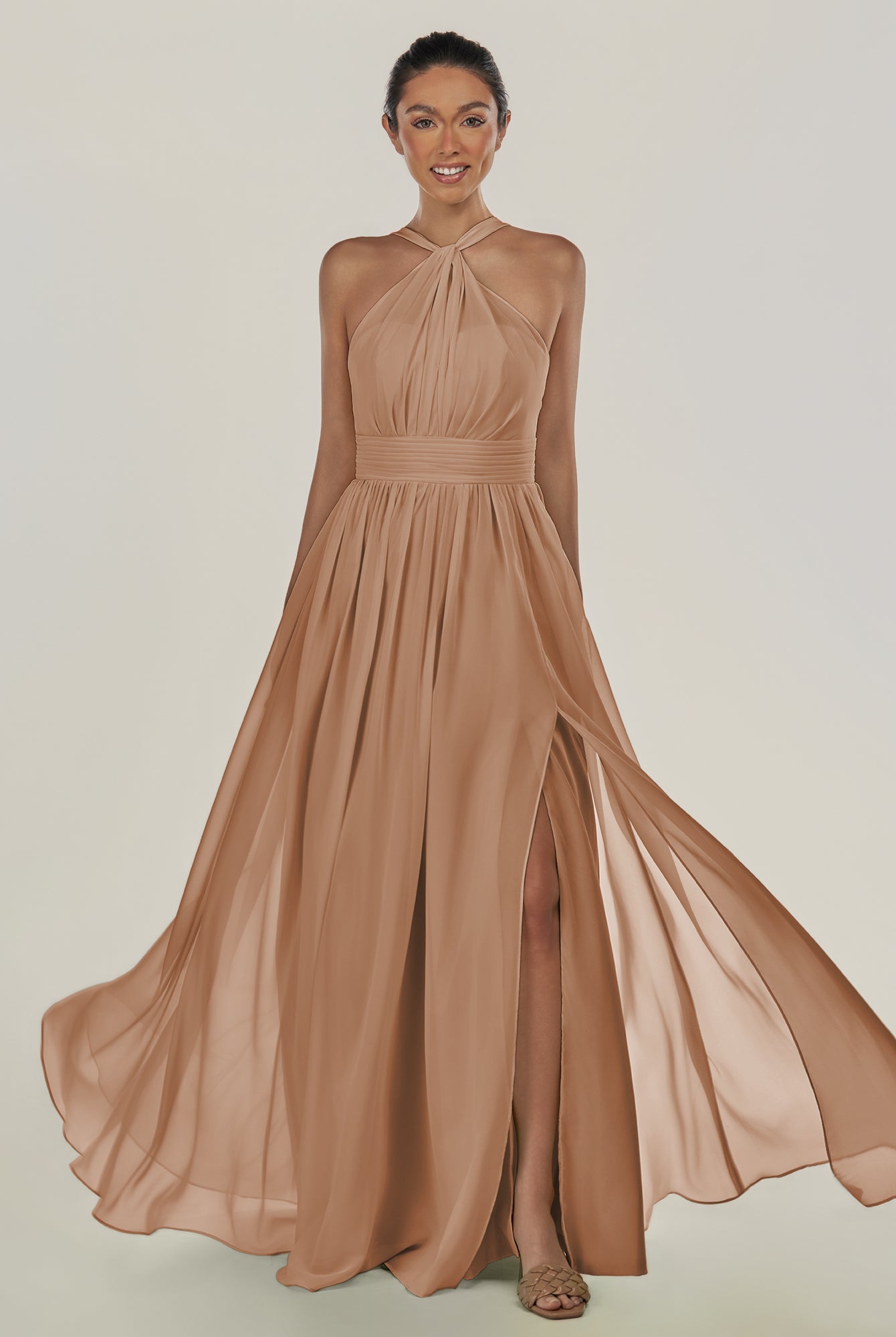 KissDress-Ciri Bronzer A Line Chiffon Halter Neck Pleated Long Bridesmaid Dress with Slit
