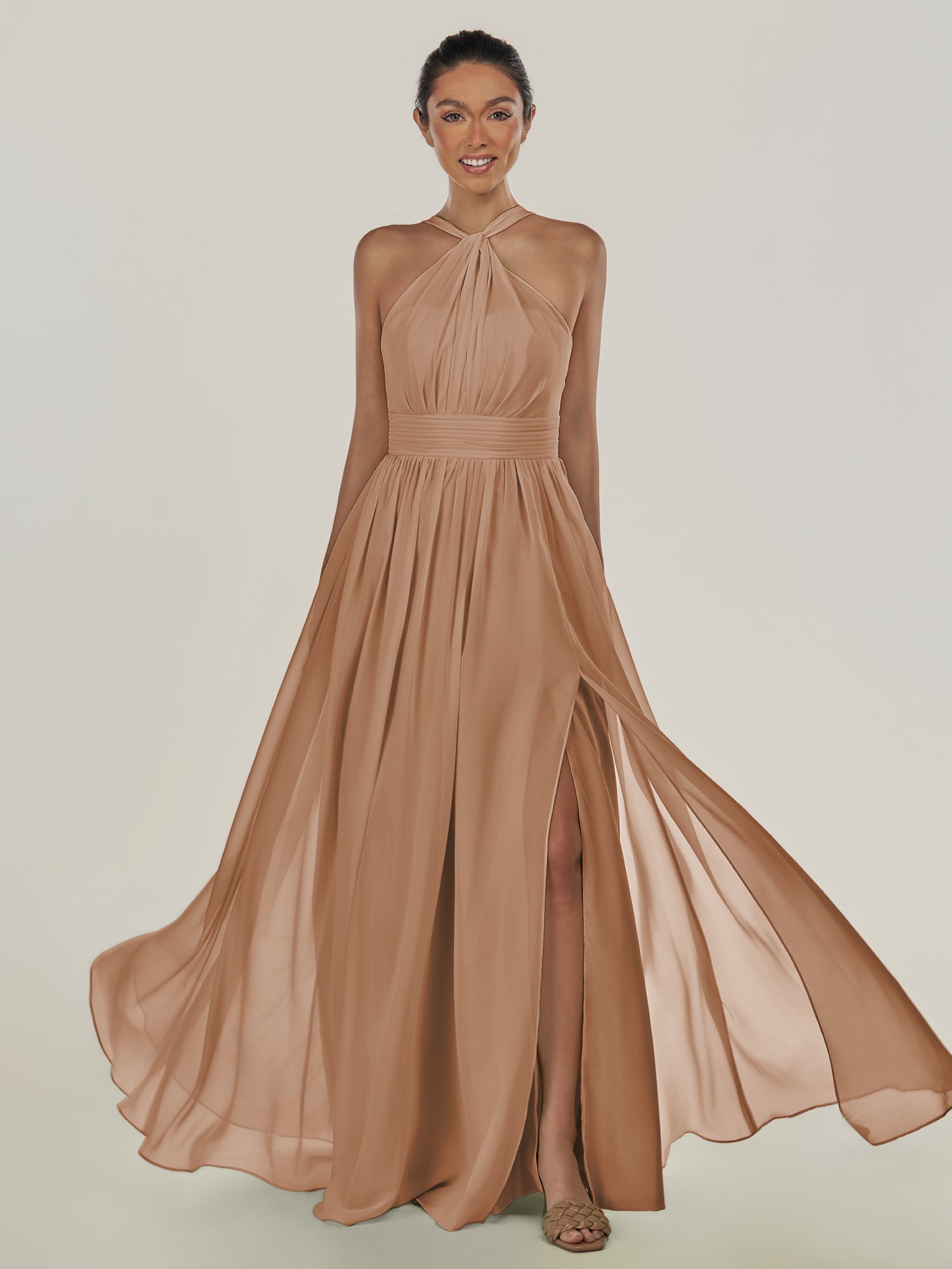 KissDress-Ciri Bronzer A Line Chiffon Halter Neck Pleated Long Bridesmaid Dress with Slit