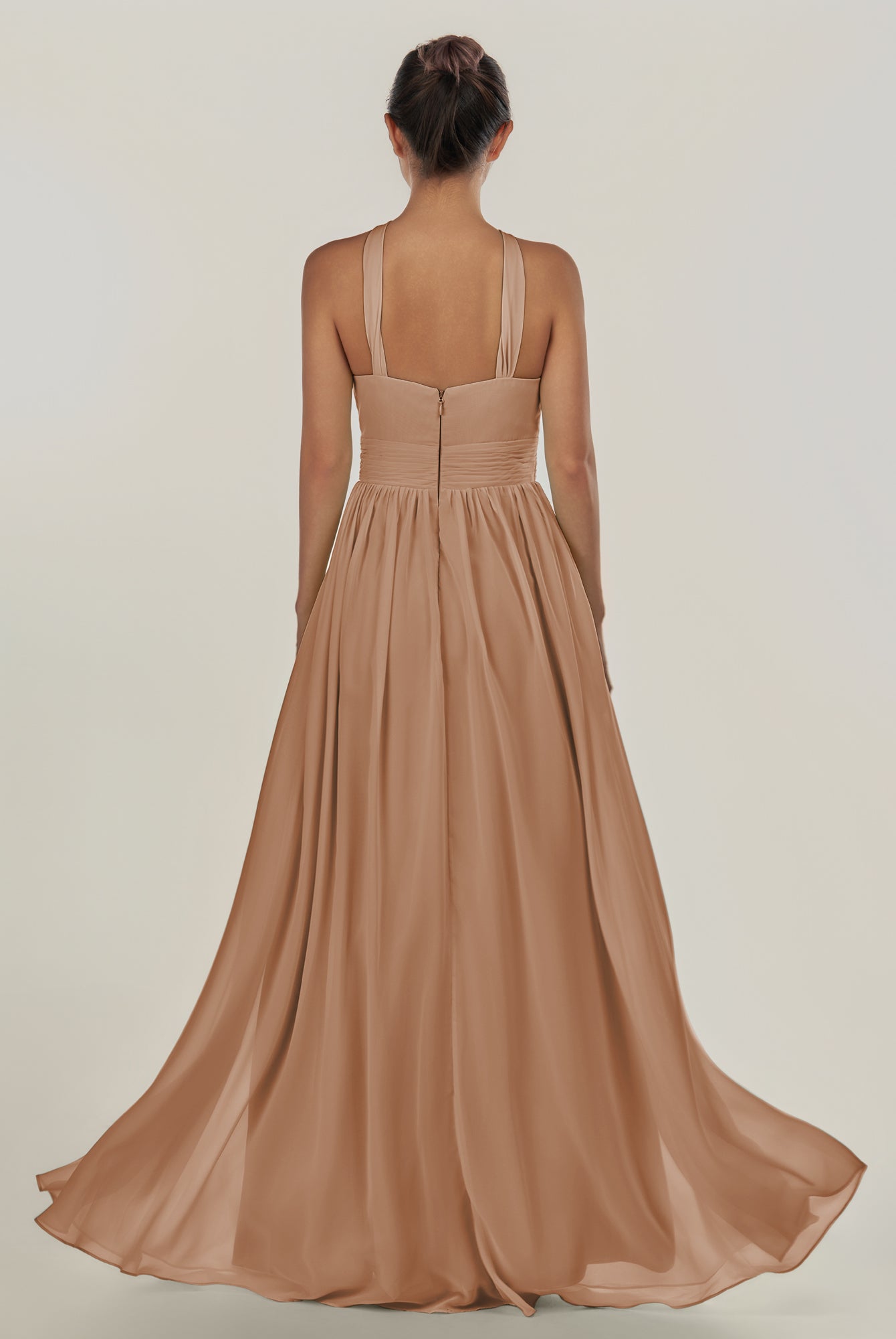 KissDress-Ciri Bronzer A Line Chiffon Halter Neck Pleated Long Bridesmaid Dress with Slit