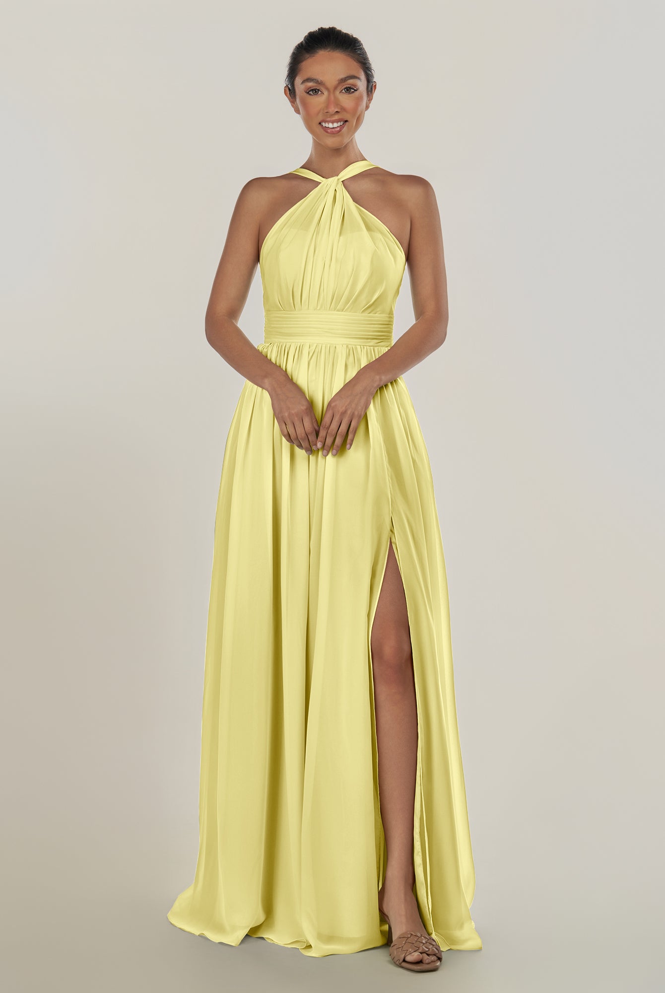 KissDress-Ciri Buttercup A Line Chiffon Halter Neck Pleated Long Bridesmaid Dress with Slit