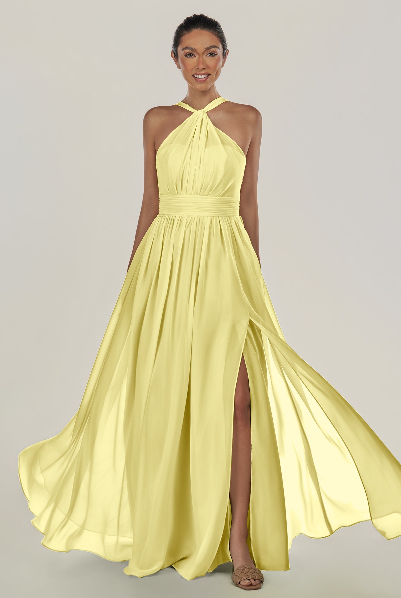 KissDress-Ciri Buttercup A Line Chiffon Halter Neck Pleated Long Bridesmaid Dress with Slit
