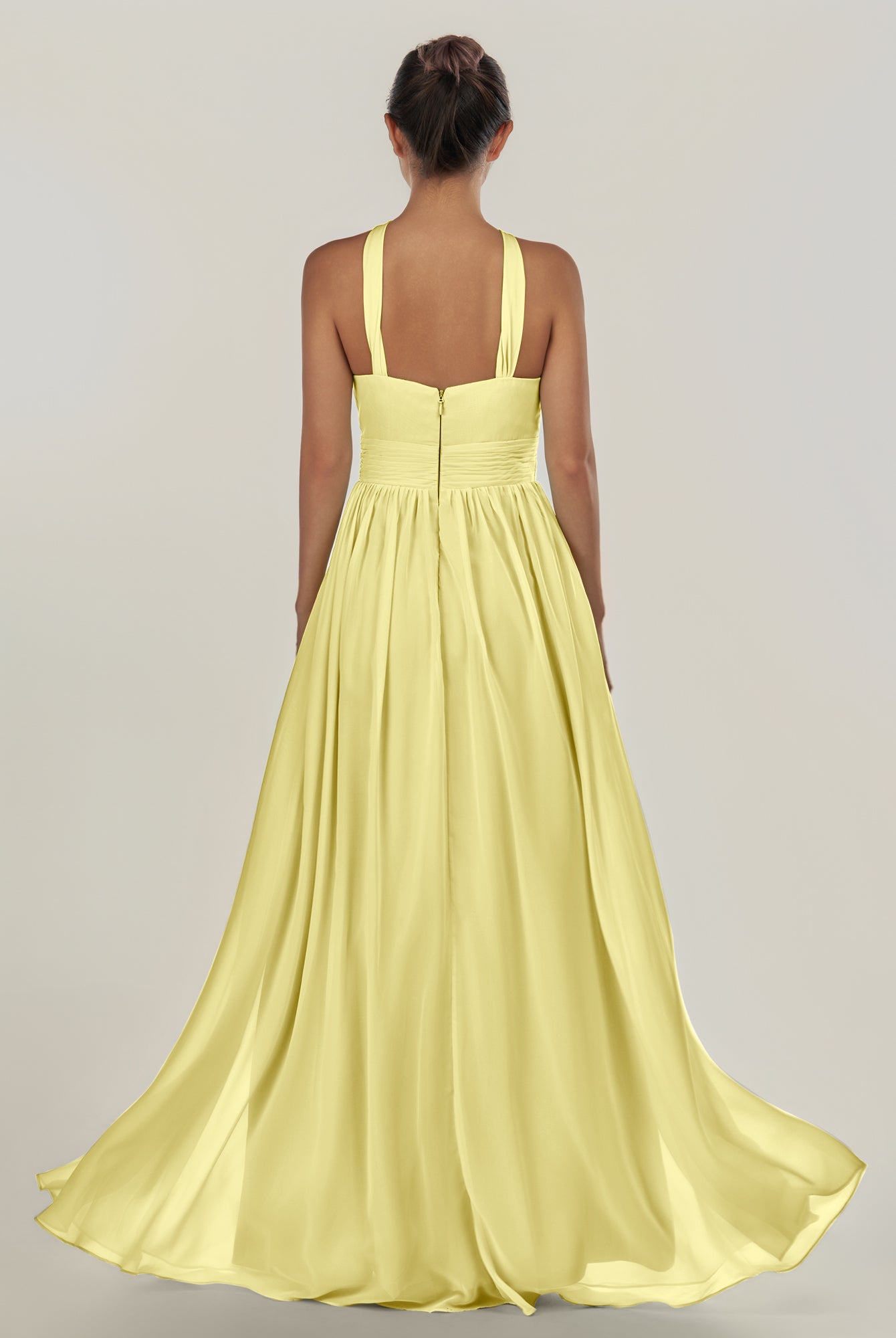 KissDress-Ciri Buttercup A Line Chiffon Halter Neck Pleated Long Bridesmaid Dress with Slit