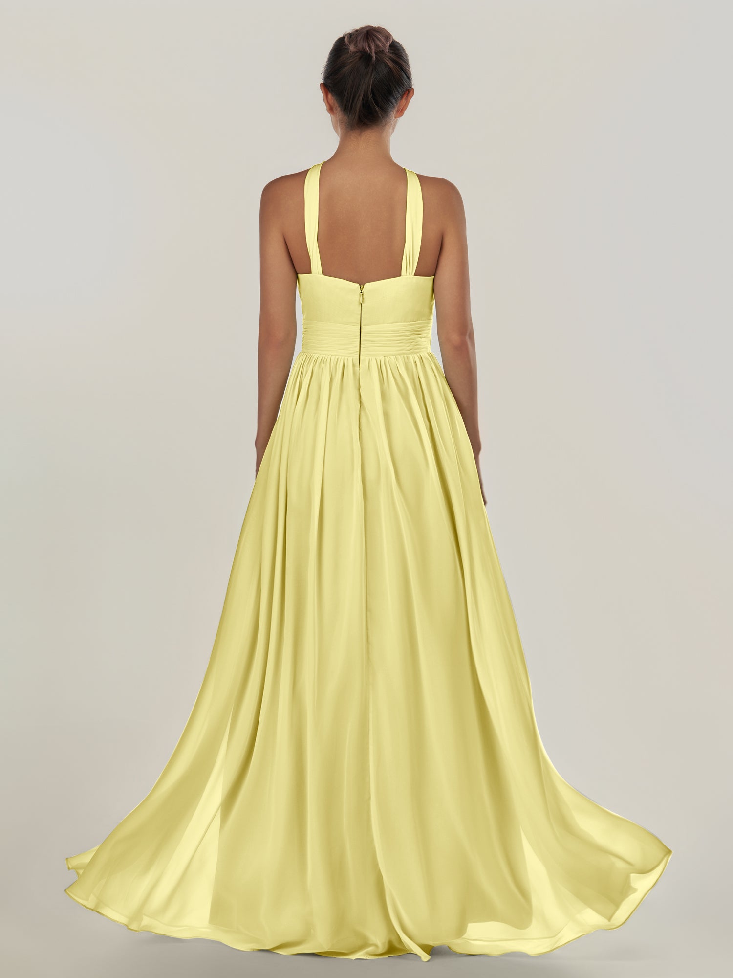 KissDress-Ciri Buttercup A Line Chiffon Halter Neck Pleated Long Bridesmaid Dress with Slit